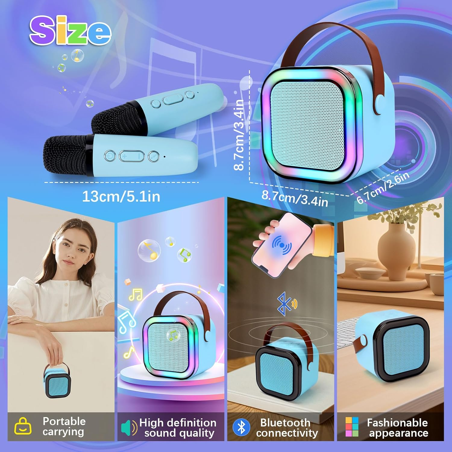 Karaoke Microphone for Kids with Bluetooth Speaker for Kids Toys for Boys and Girls 3-12 Years Old, 5-8 Years Old Boys Gifts (Blue 2 Mic) image number 3