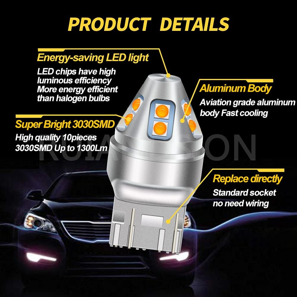 Ruiandsion 2Pcs 7440 7443 LED Bulb Amber T20 Wedge LED Bulbs 12V 3030 10SMD LED Chipsets Replacement for Reverse Turn Signal Lights, Non-Polarity image number 5