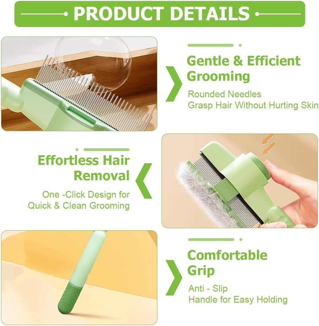 KIRZAX Self Cleaning Cat Brush (With Release Button & Flea Comb) + 1 Pair Dog Grooming Gloves - Cat Dog Horse Grooming Kit Suitable for Long/Short Hair image number 5