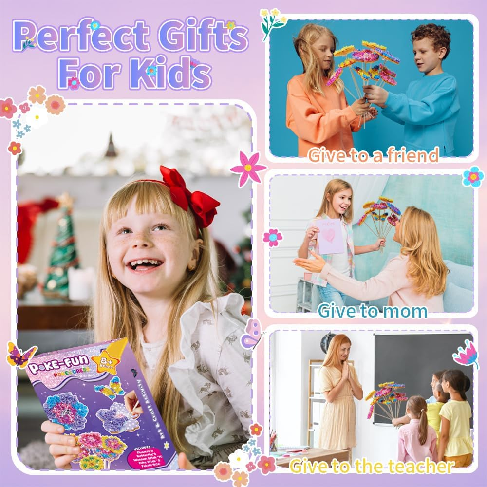 Poke Flower Arts & Craft Kits for Kids - DIY Poke-In Art Flower Bouquet with 8 Flowers 2 Butterflies for Girls Birthday Presents Party Favors Classroom Art Activity Flower Gifts for Girls Toys Age 4+ image number 3