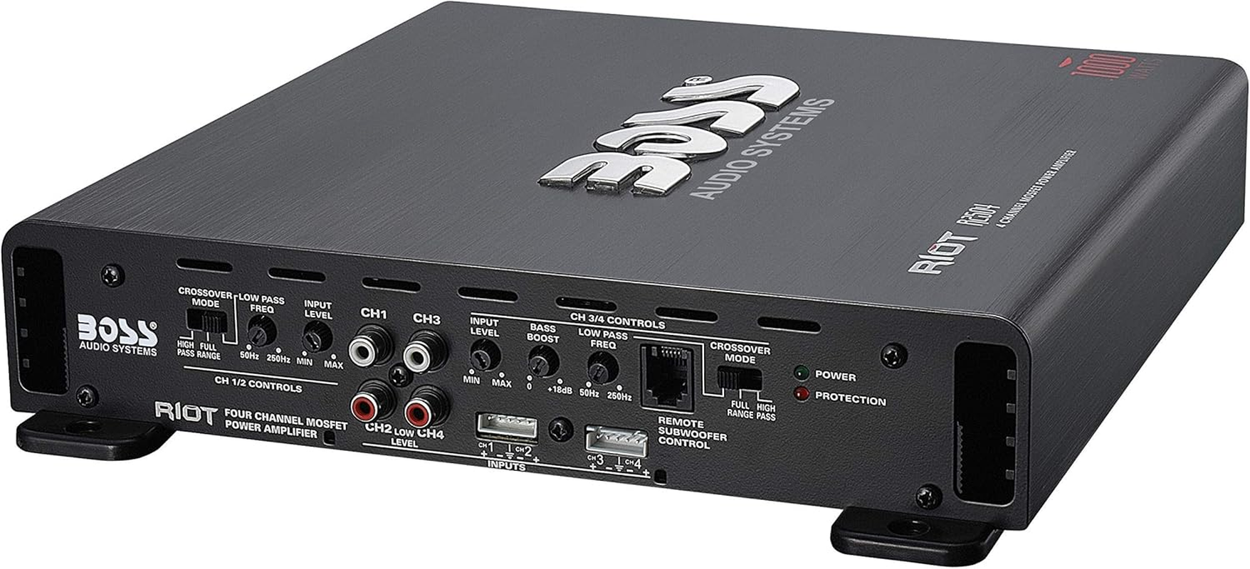 BOSS Audio Systems R2504 Riot Series Car Amplifier - 1000 High Output, 4 Channel, 2/4 Ohm, High/Low Level Inputs, High/Low Pass Crossover, Bridgeable, Full Range, Hook up to Subwoofer for Bass