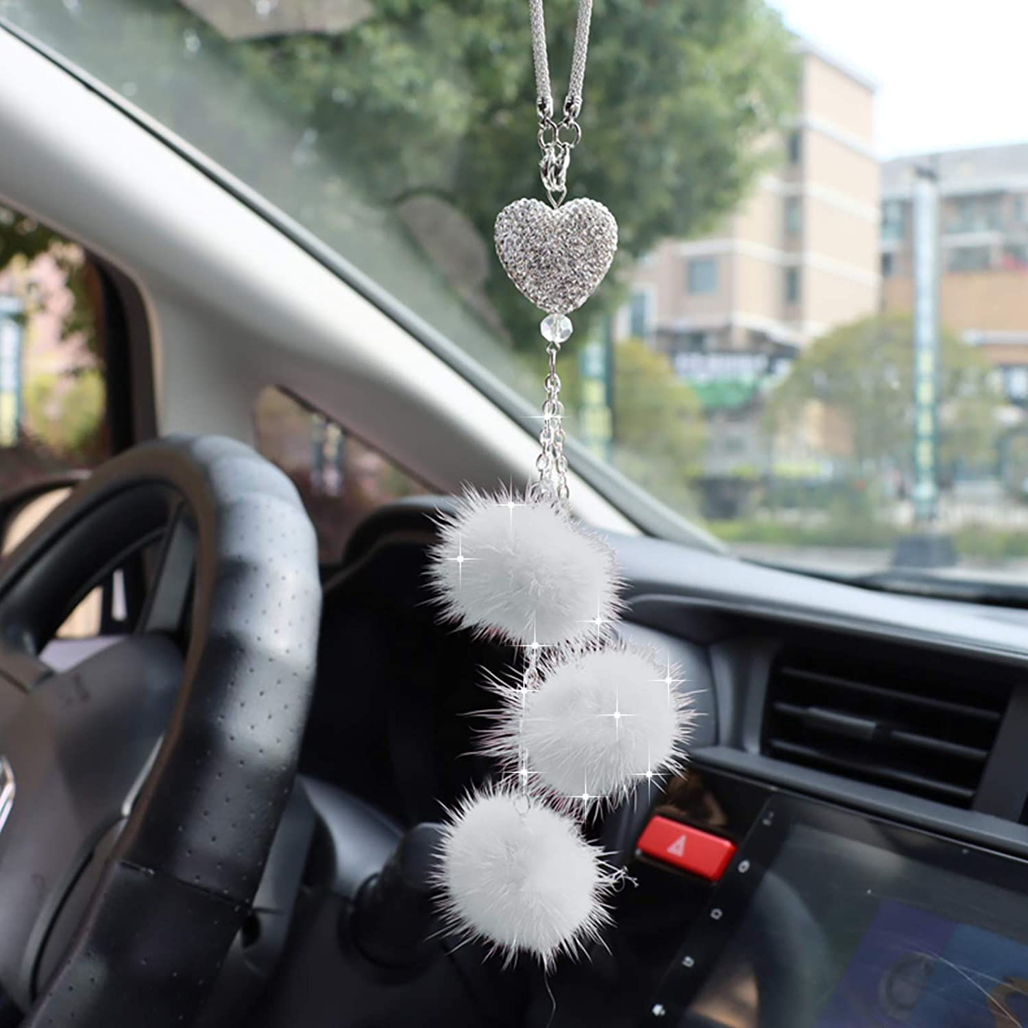 Bling Car Accessories for Women &pound;&brvbar; Men Bling White Heart and Pink Fuzzy Drops Bling Rinestones Diamond Car Accessories Crystal Car Rear View Mirror Charms,Lucky Hanging Accessories (Gray)