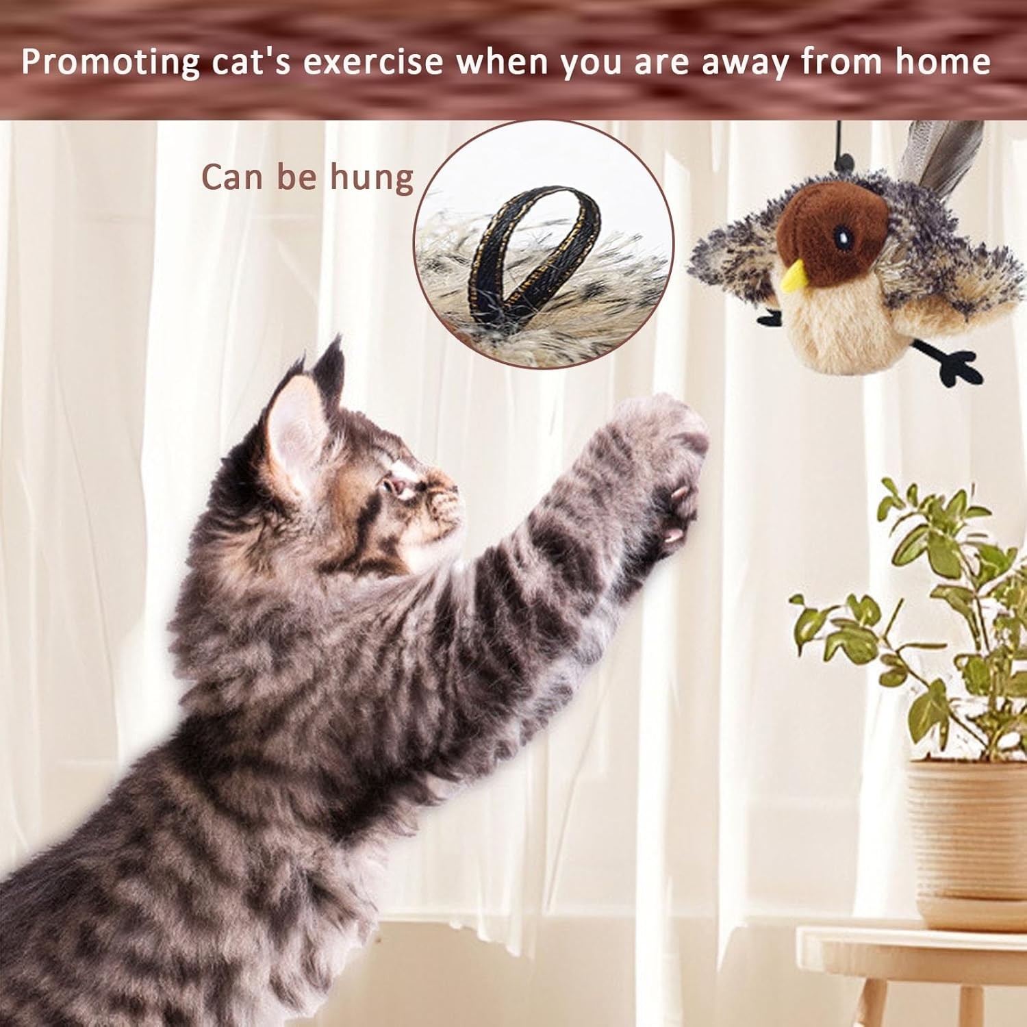 Cat Toys Rechargeable Flapping Bird Sparrow, Lifelike Chirp Tweet, Touch Activated Kitten Toy Interactive Cat Exercise Toys for All Breeds Cat Kicker Catnip Toy (Wings Flapping/Move,Chirp) image number 4