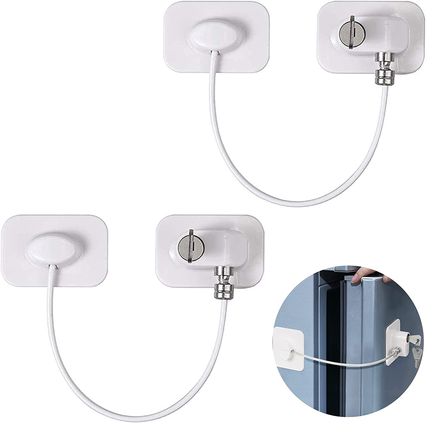 2Pcs Refrigerator Door Locks with 2 Keys Stainless Steel Zinc Alloy Strong Adhesive Lock Protect Baby Kids Safe for Windows Kitchen Cabinets Cupboard Refrigerator Drawer (White) image number 6
