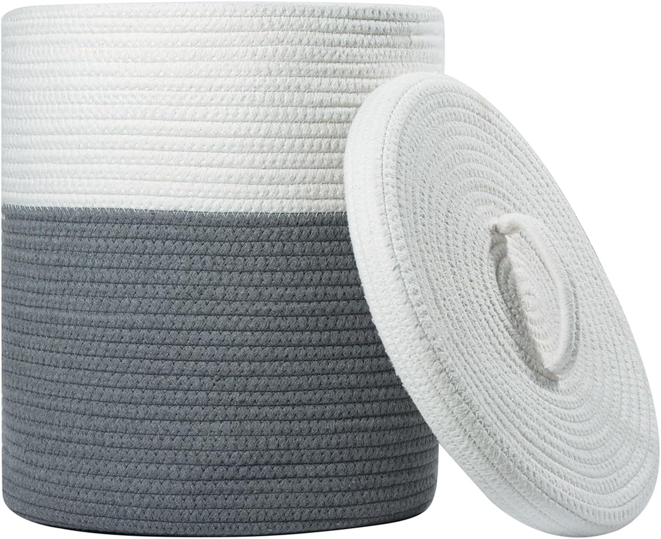 Yimi'S Dream Storage Basket with Lid, Cotton Rope Woven Storage Basket, Small Storage Bins, Nursery Organizers and Storage, Baby Toy Laundry Basket (White & Grey, 12D X 13.5H Inches)