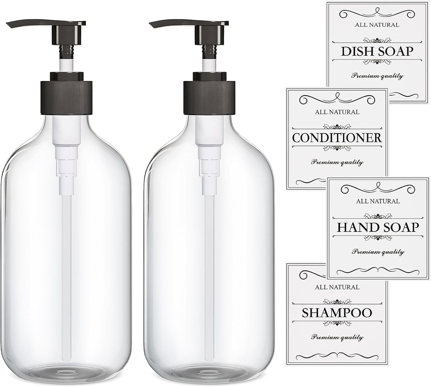 2Pcs Black Soap Dispenser, 16Oz Plastic Dish & Hand Soap Dispenser for Kitchen, Empty Liquid & Lotion Dispenser Set for Bathroom Accessories