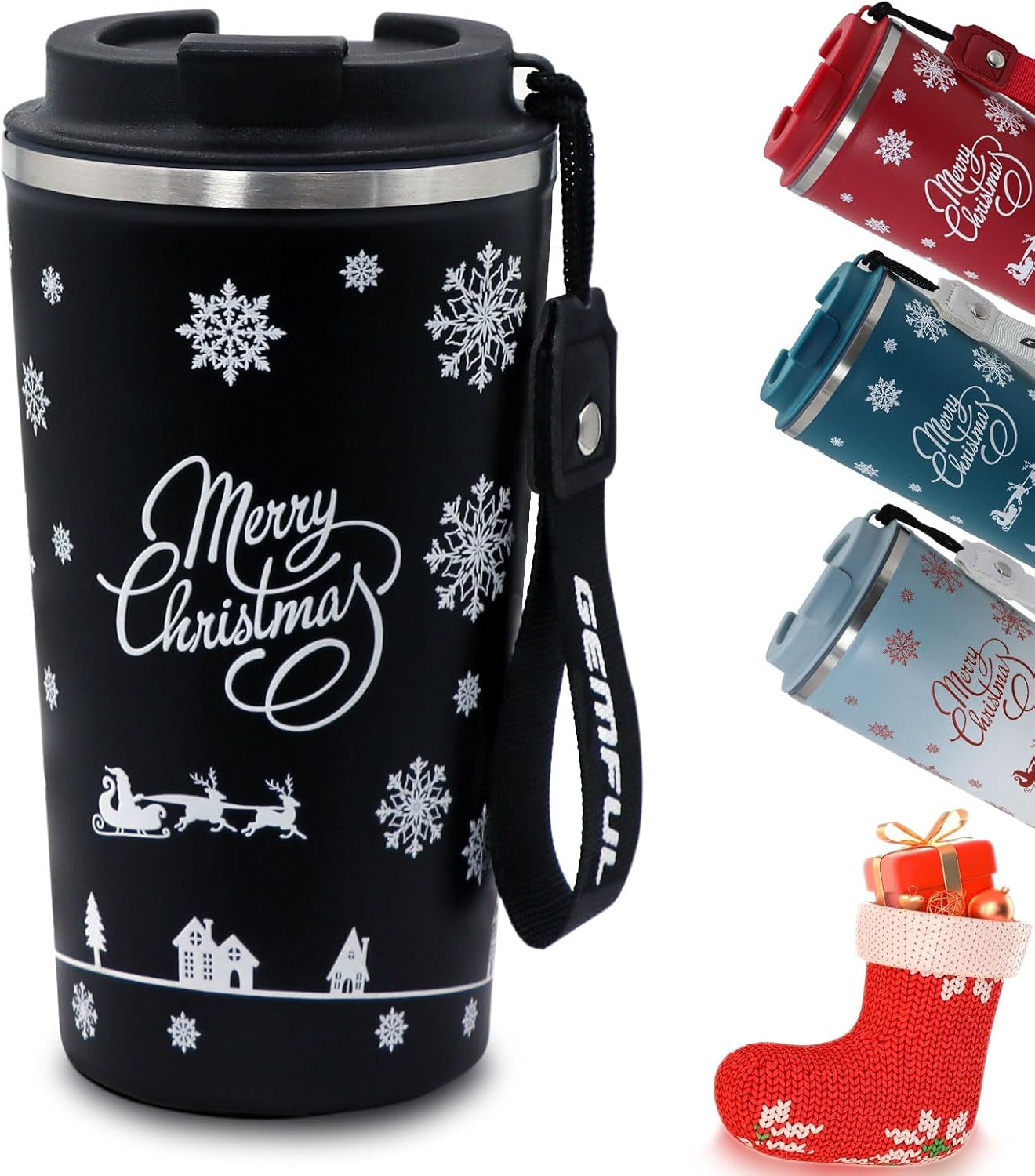 GEMFUL Christmas Coffee Tumbler Screw on Lid 510 Ml Stainless Steel Thermal for Women Friends or Coworker