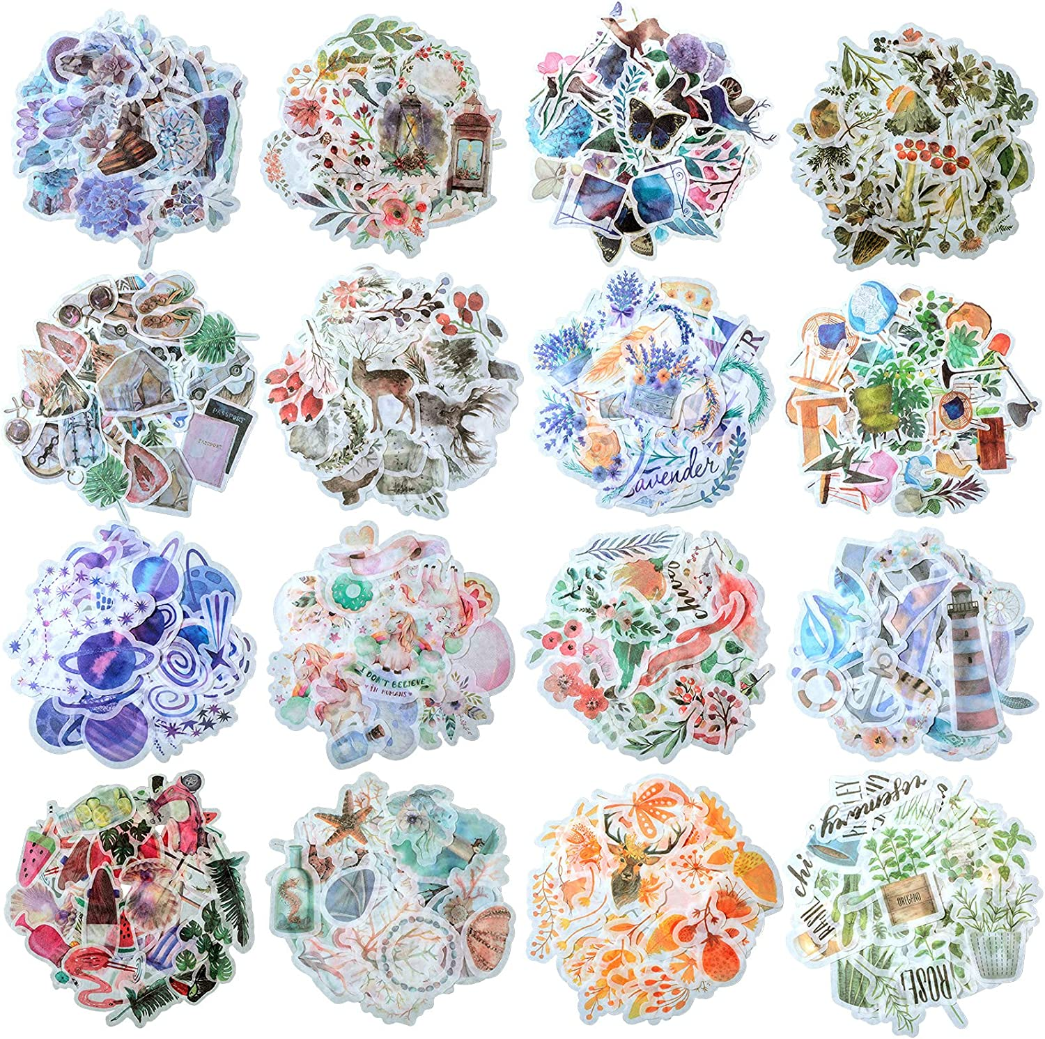 Outus 640 Pieces Watercolor Various Theme Stickers Pretty Scrapbook Stickers Including Four Seasons Forest Flower Animal the Sea for DIY Scrapbook Planners Calendars Travel Case Laptop (Warm Style) image number 3
