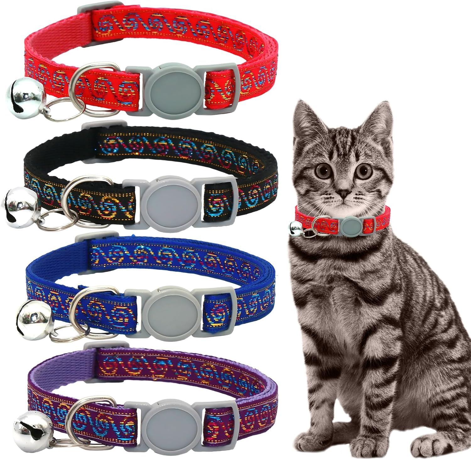 4 Pcs Cat Collar with Bell Non Breakaway Polyester Kitten Collar Adjustable Quick Release Safety Kitten Collars for Girl Boy Cats Small Dogs Puppies Pet Party Supplies Accessories (A) image number 3