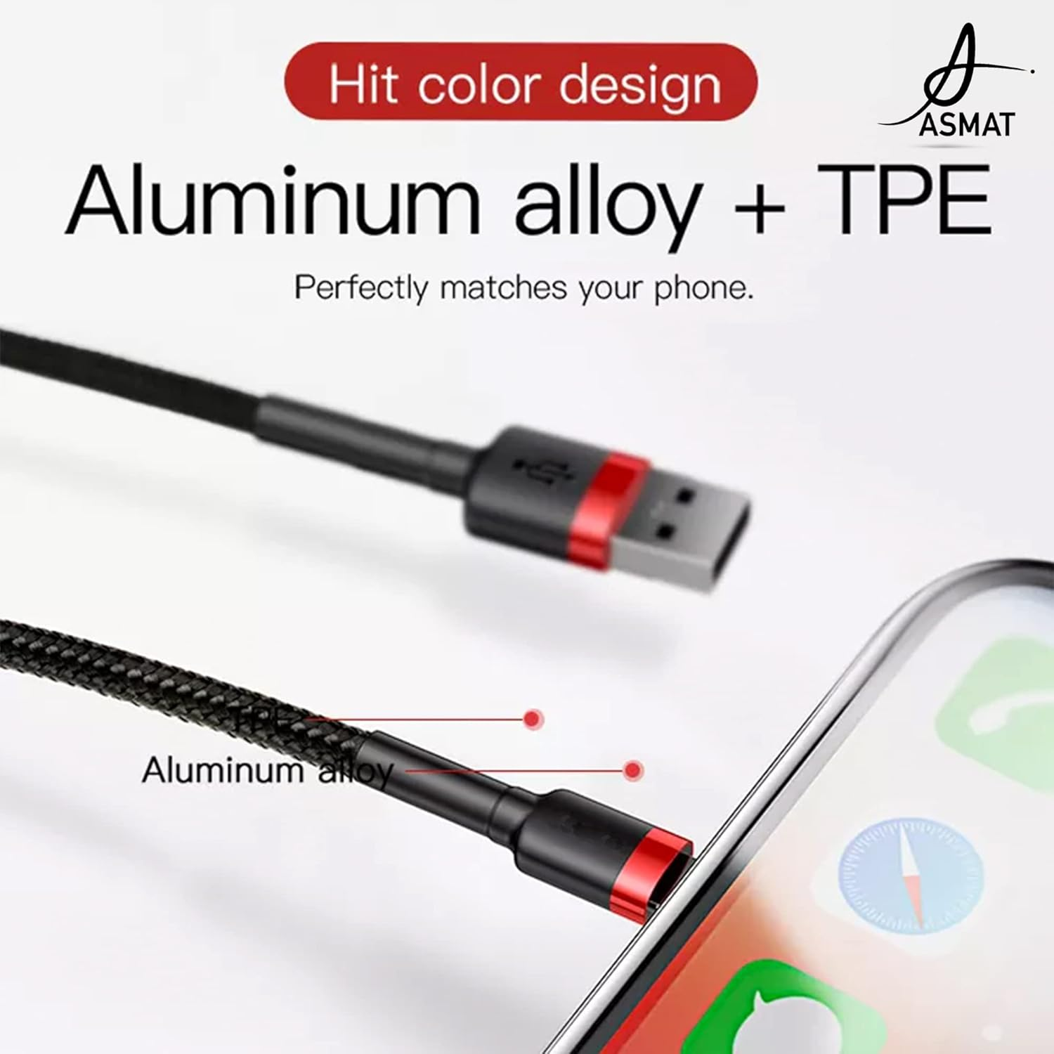 ASMAT Braided Fast Iphone Charger Cable Compatible for Apple Iphone 7 8 X 11 12 13 14 Pro Ipad & Airpods - Red Color 2 Meter image number 3