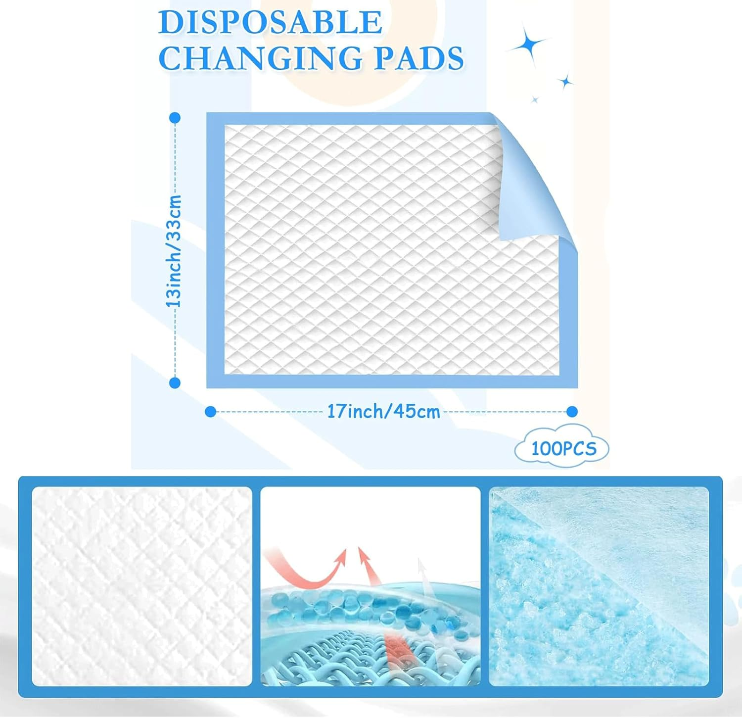 100 Pack of 33 * 45CM Disposable Urine Pads with Quick Drying and Leakproof Features,Super Absorbent Protection Disposable Underpads for Diaper Changes, Bed and Table Protection image number 1