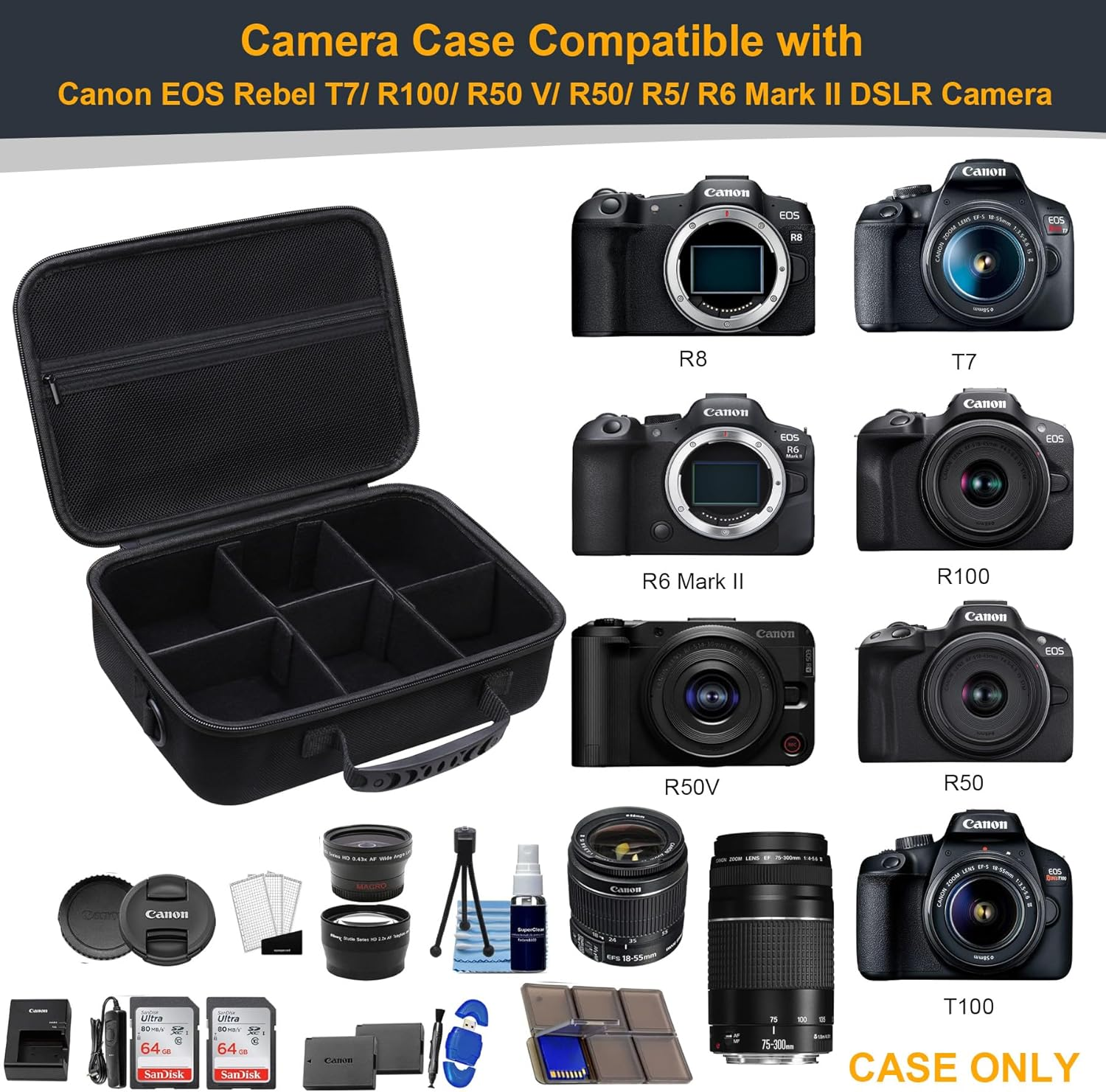 RAIALL Camera Case for Canon EOS Rebel T7/ R100/ R50V/ R50/ R5/ R6 Mark II/ R7/ R8/ 90D/ 5D Mark IV DSLR Camera, Lens, Tripod, Hard Protective Travel Bag with a Shoulder Strap and 5 Dividers, Black image number 3