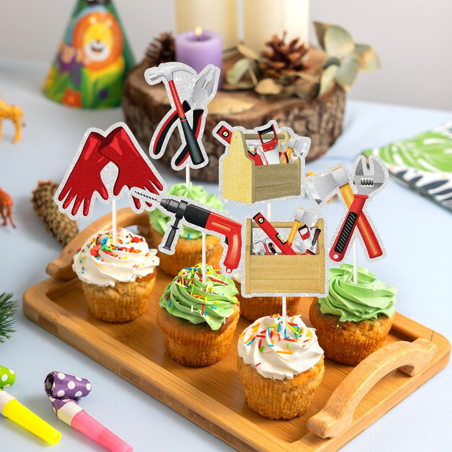 18Pcs Tools Cupcake Cake Toppers, Drill Tape Measure Handsaw Plier Wrench Toolbox Hammer Mechanic Screwdrivers Cupcake Picks,Tools Birthday Party Decorations