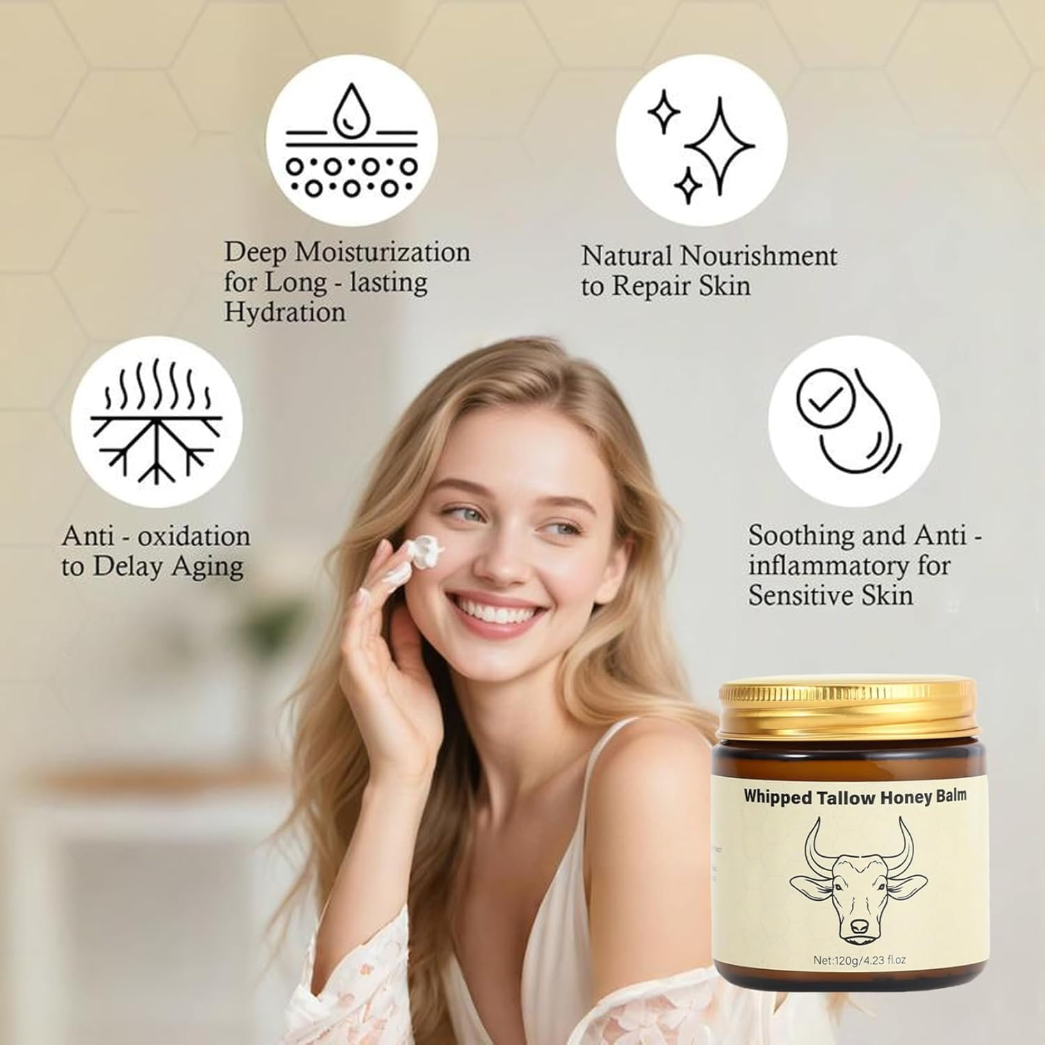 Beef Tallow for Skin - Organic Grass Fed Whipped Moisturizer with Honey Balm, Natural Hydrating Cream for Face & Body, Relief for Dry & Sensitive Skin image number 1