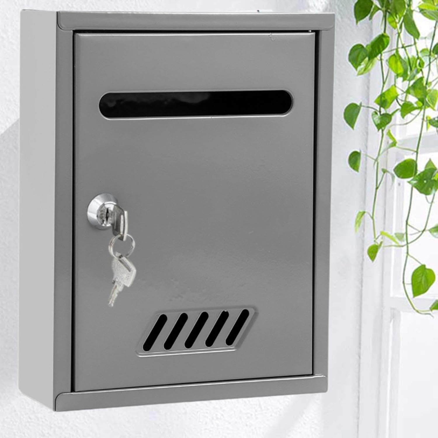 Kuntesetty Wall Mounted Lockable Mailbox Windproof Metal Security Mailbox for Front Door Outdoor Home Decor, Gray - Grey image number 6