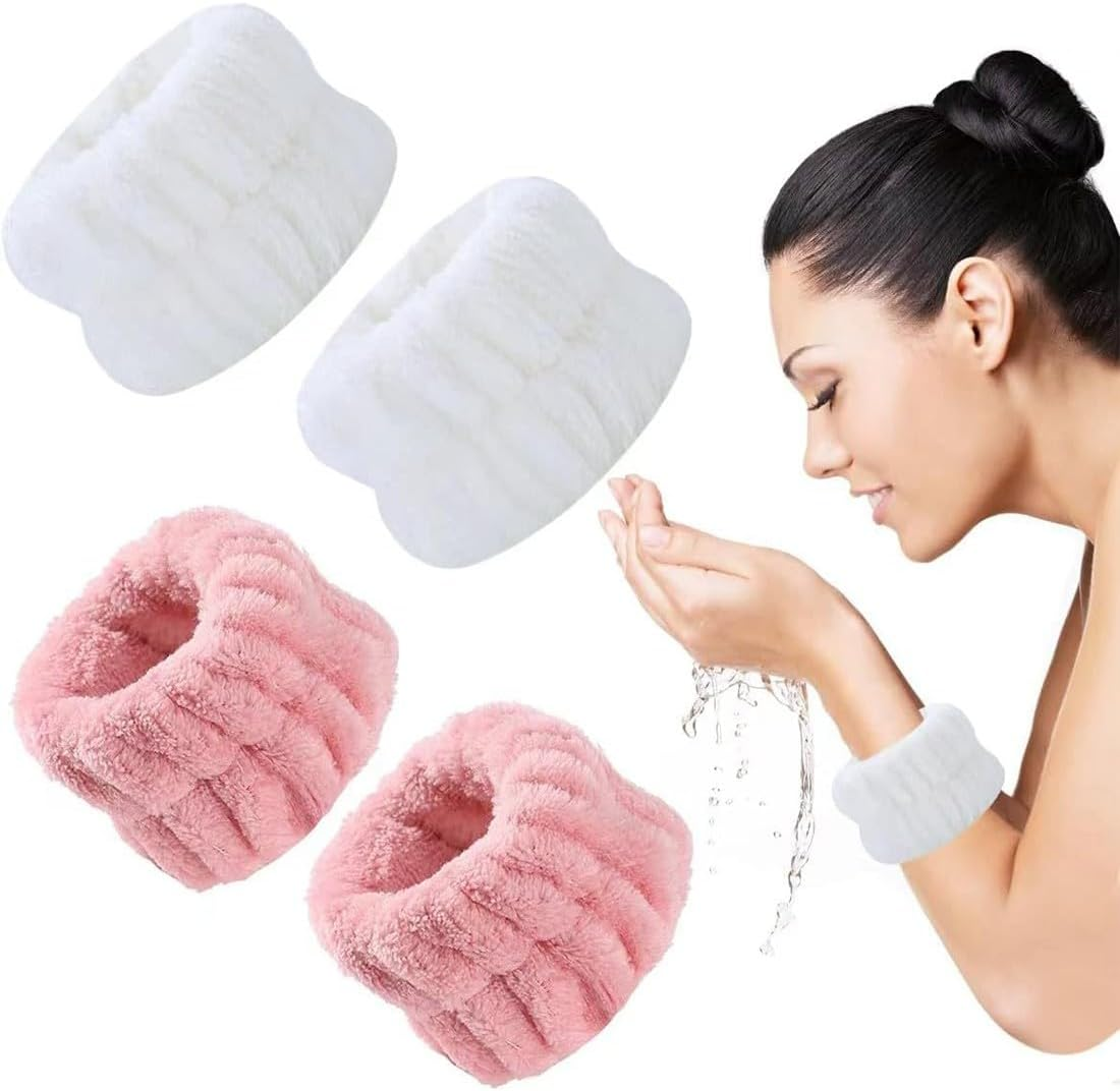 2 Pairs of Spa Wrist Wash Bands, Face Wash Bracelets, Coral Absorbent Bracelet for Washing, Pink + White, for Women, Prevents Spilling of Liquid image number 4