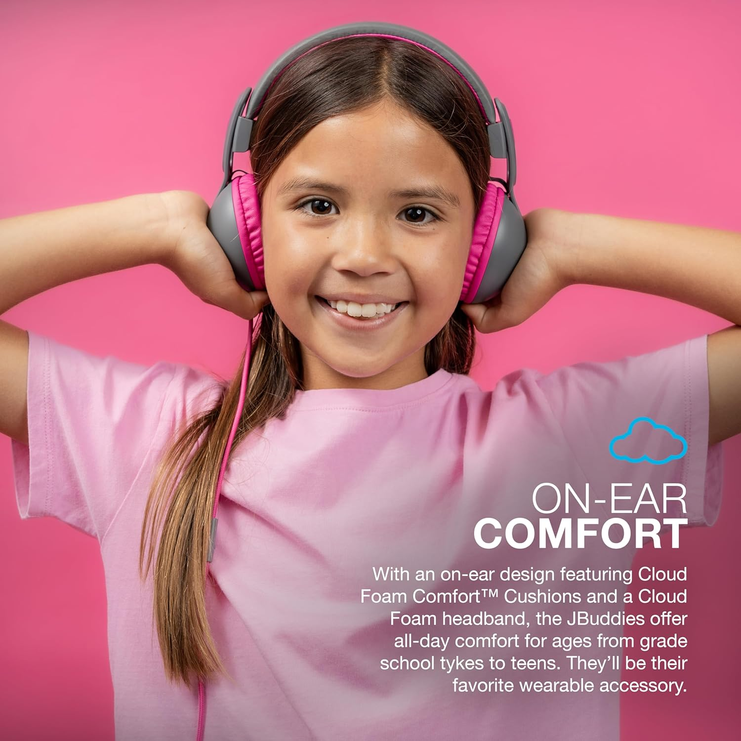 Jlab Jbuddies Studio 2 On-Ear Kids Wired Headphones, Grey/Pink, Toddler Headphones, Kid Safe, Studio Volume Safe, Volume Limiter, Folding, Adjustable, Noise Isolation, with Mic