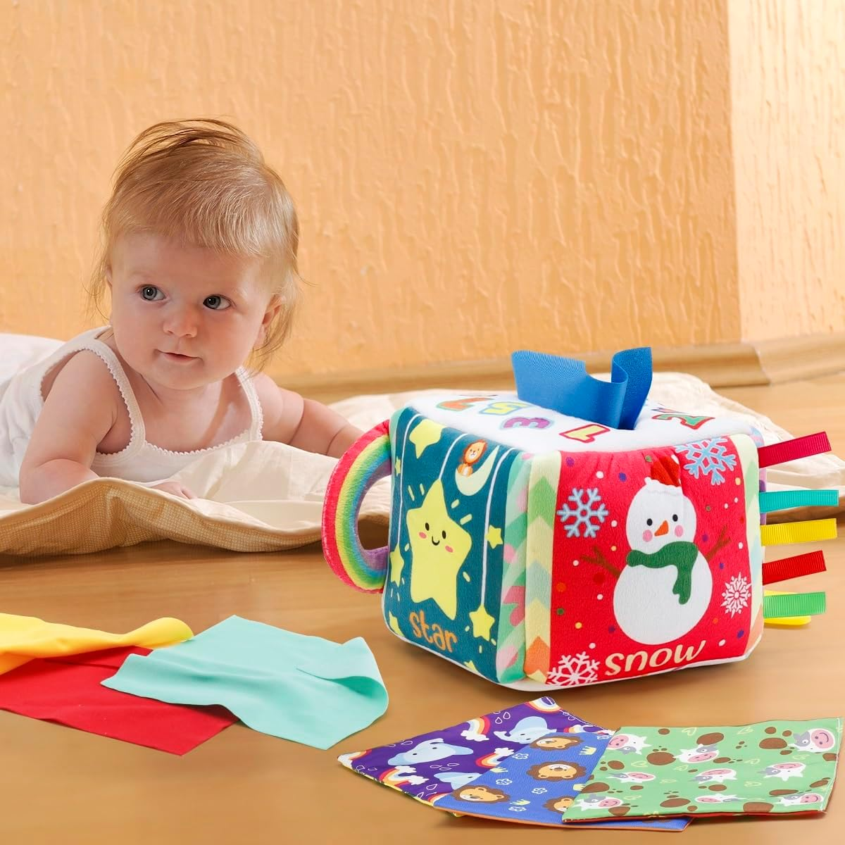 Baby Tissue Box Toy for Baby,Vamotto Montessori Sensory Pull Toy with 12 Durable Cloth Scarves & Crinkle Paper for 6-12 Months Infants, Early Learning Educational Motor Skills Development Gift