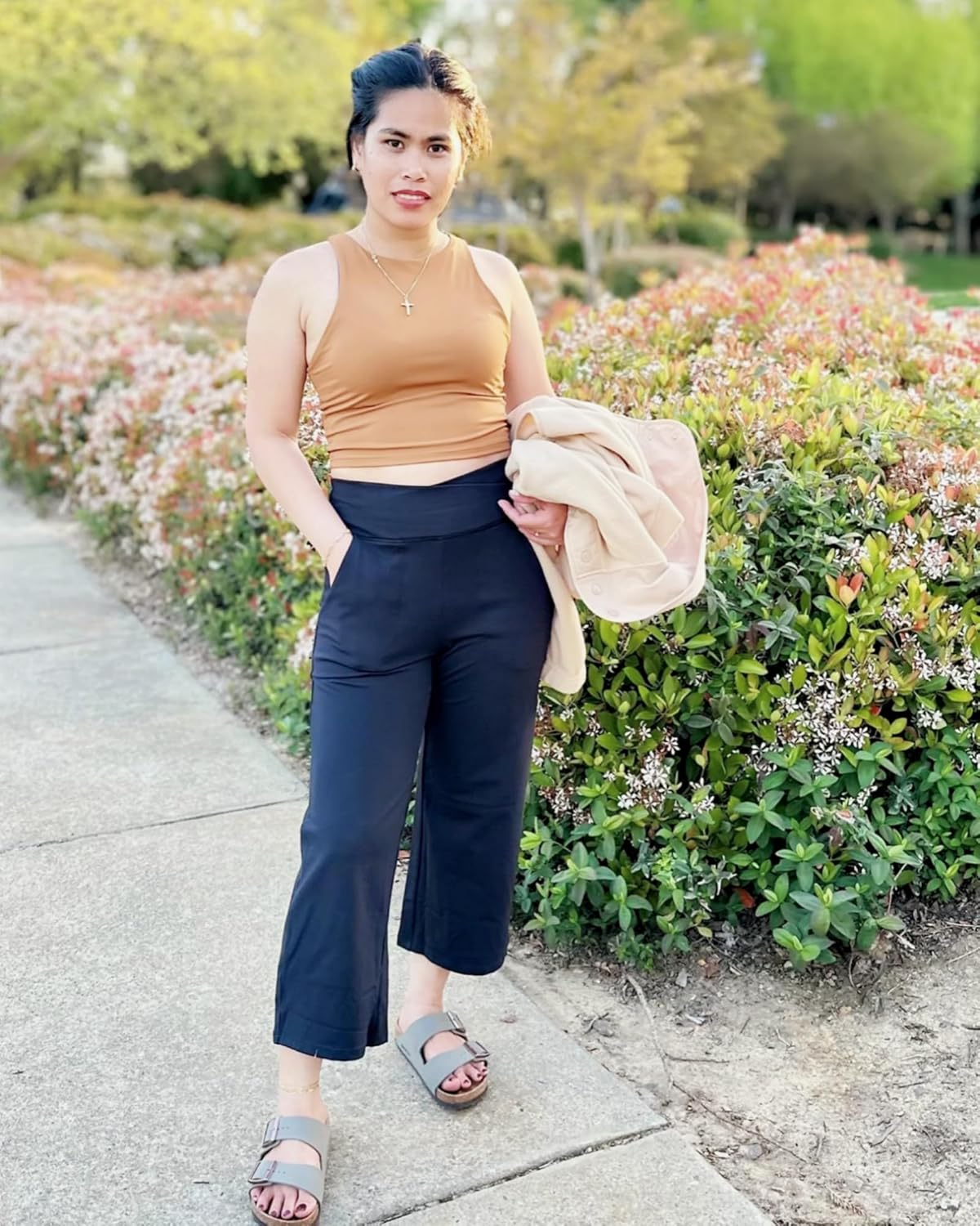 G4Free Capri Pants for Women Wide Leg Yoga Dress Capris with Pockets Cross Loose Casual Work Crop Pants image number 5