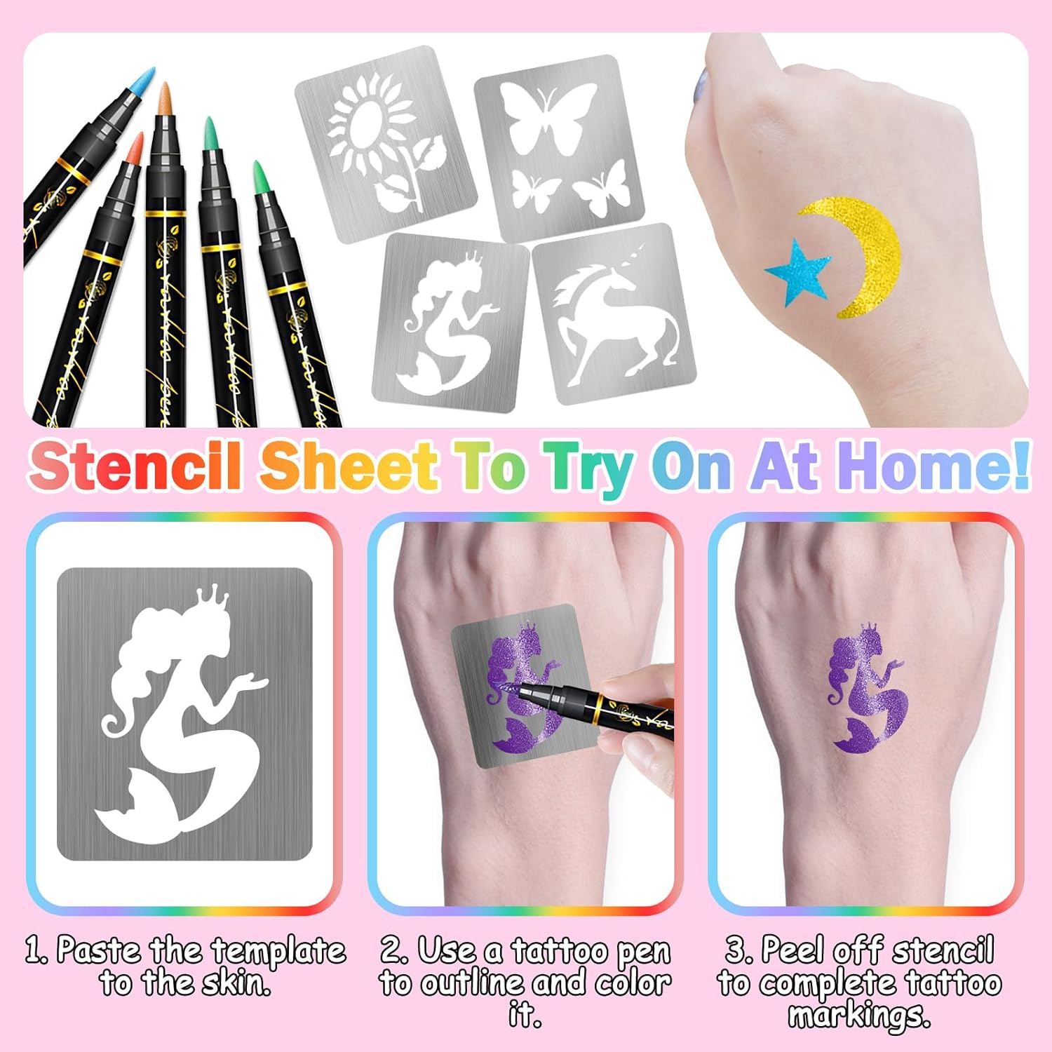 Yazhiji 183PCS Temporary Tattoo Stencils, Paint Stencils Kit for Face & Body, Glitter Tattoos, Kids & Adults, Waterproof, A5 Size, 12 Sheets image number 5