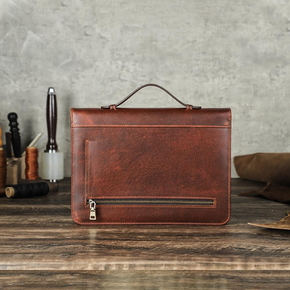 Contacts A5 Notepad Holder Full Grain Leather Portfolio for Work Legal Pad Padfolio Portable Notebook Folder with Zipper Closure and Handle