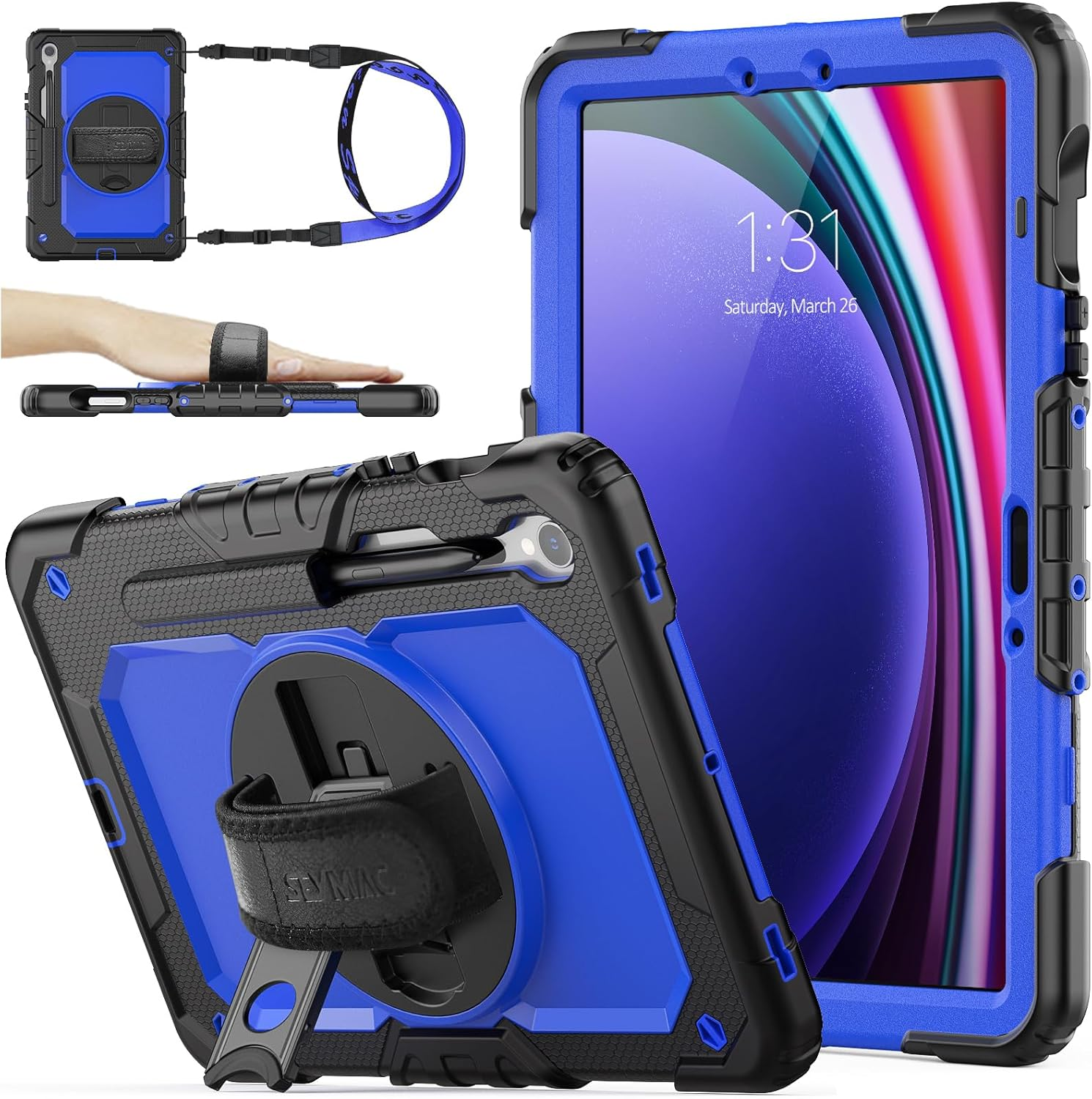 SEYMAC Stock Case for Samsung Galaxy Tab S10 FE/S9/S9 FE 5G 2025/2023 with Screen Protector | Pencil Holder [360 Rotating Hand Strap] &Stand, Drop-Proof Case 10.9"/11'', Black