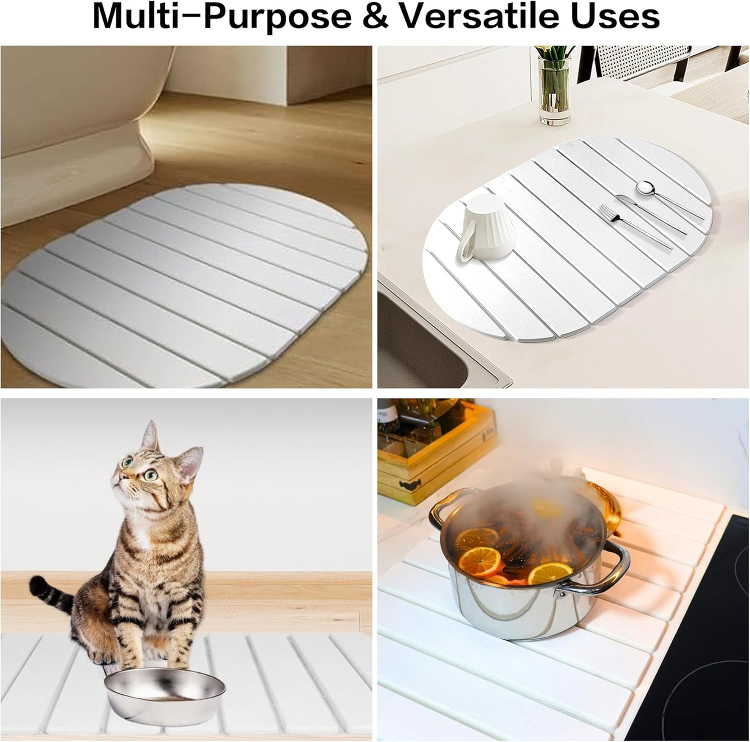 Diatomaceous Earth Dish Drying Mat, Fast Dry Stone Kitchen Counter Pad, Foldable Large Absorbent Dish Drying Stone Mat for Kitchen Dishes Bottles Cups Bathroom Any Countertop (White-Ellipse, 60X39Cm) - Grey image number 7