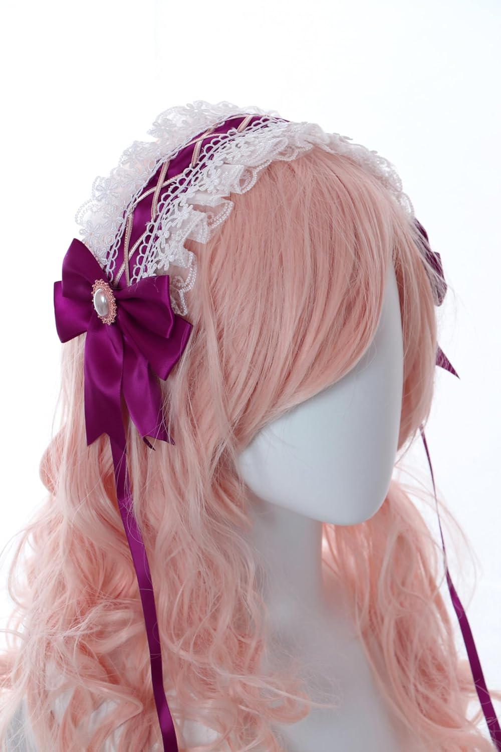 C-09-2 Burgundy Purple White Maid Lolita Satin Lace Ruffle Headband with Bow Gothic Hair Accessories Headband Hair Accessory image number 1