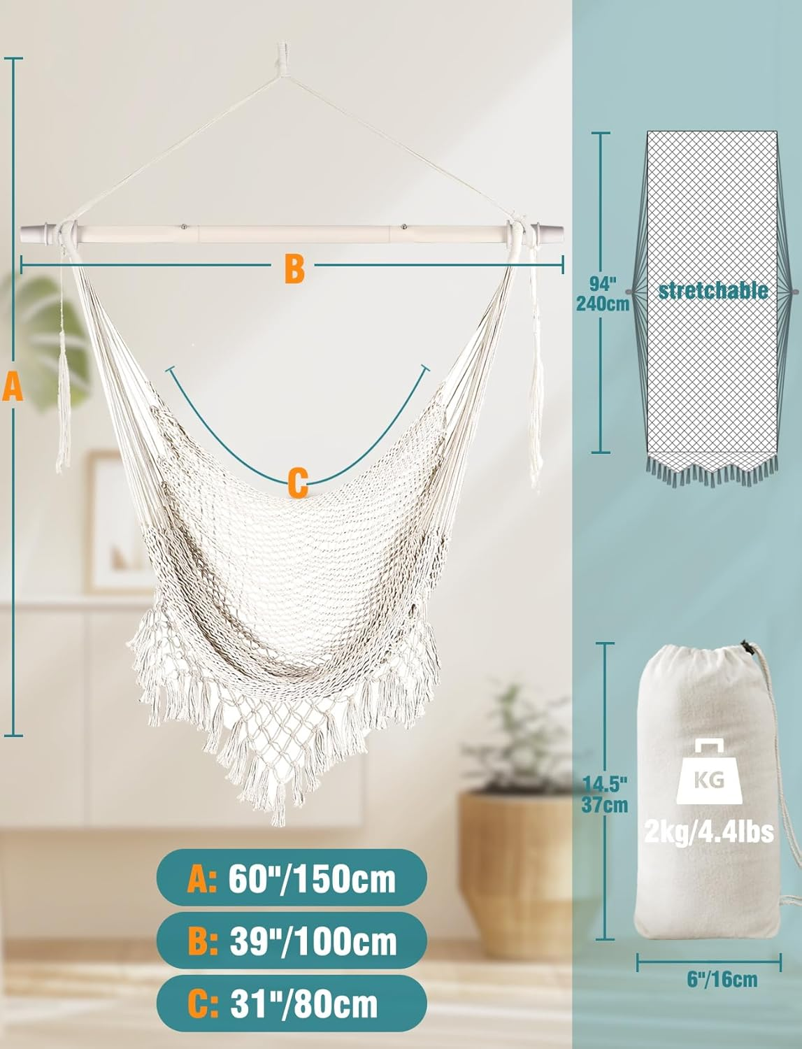 Chihee Hanging Chair Large Hammock Chair Soft Spun Cotton Rope Weave Chair Strong Metal Spreader Bar Wide Seat Lace Swing Chair Indoor Outdoor Garden Yard Theme Decoration