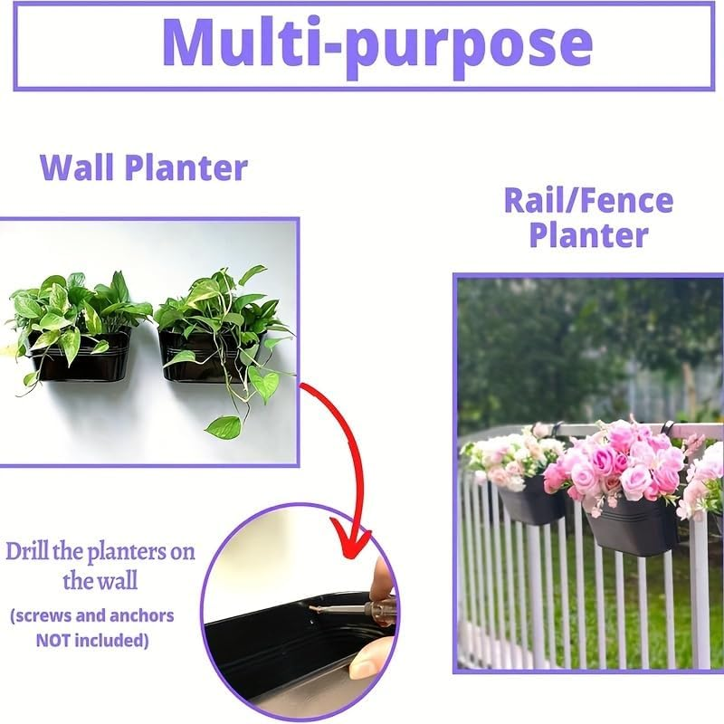 Hanging Metal Flower Pots with Detachable Hooks &ndash; 5 Pack Outdoor Balcony Planters with Drainage Holes for Garden, Fence, and Porch Decoration (Black) image number 3