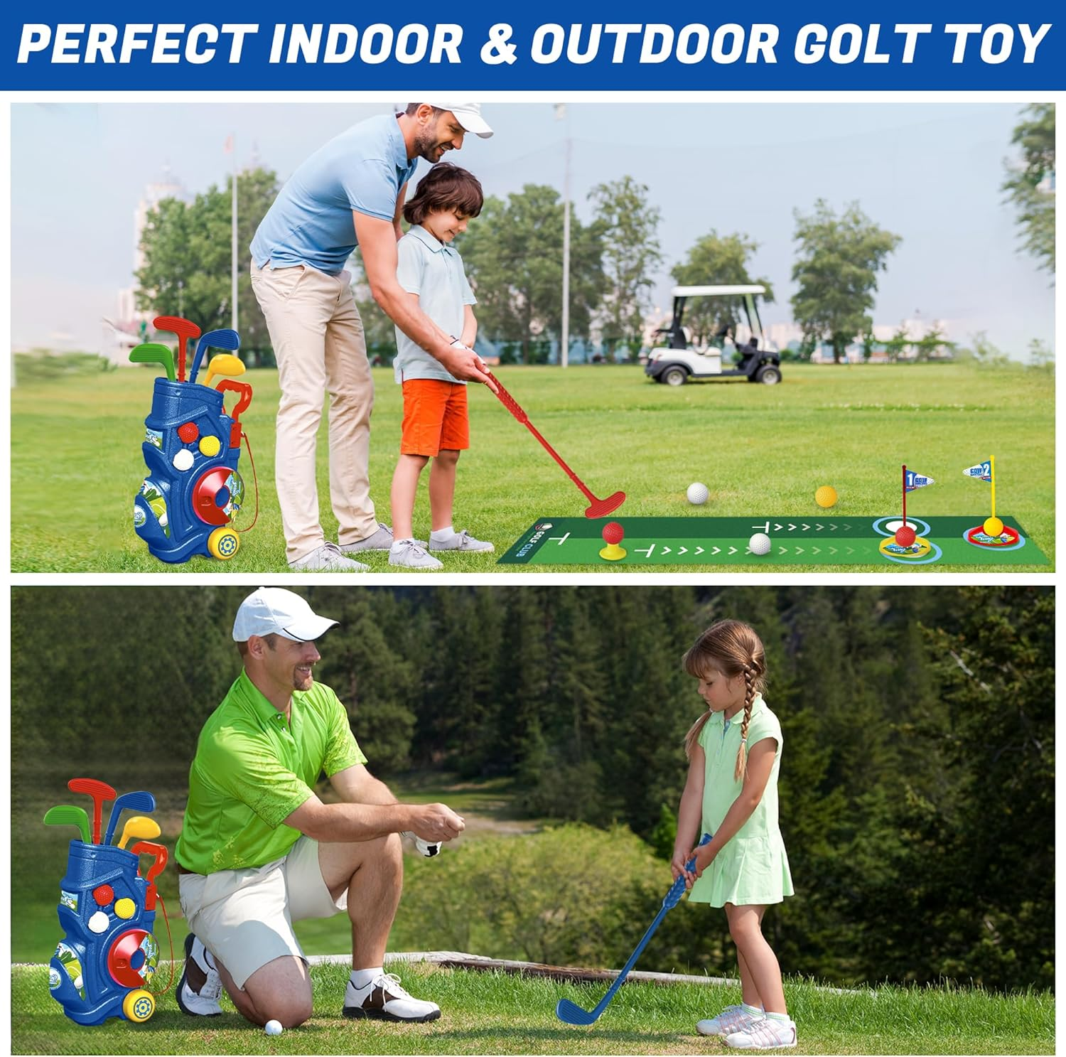 Kids Golf Clubs Set, Golf Play Equipment Set Toys, Indoor Sport & Outdoor Toy with 4 Clubs, 9 Balls, 2 Practice Holes, Shoulder Strap, Birthday Christmas Toys for 3 4 5 6 Year Old Boys Girls image number 3