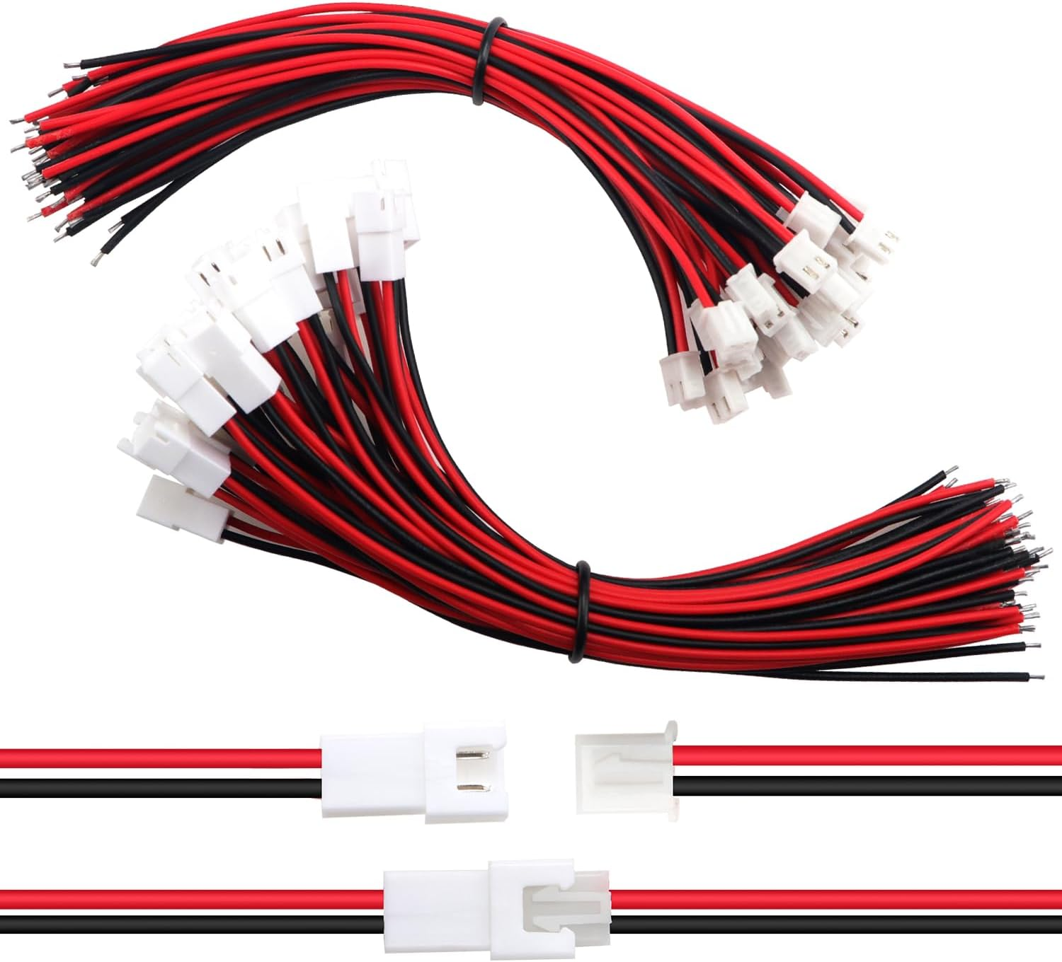 Lyeteung 50 Sets JST 2.54 XH 2 Pin Connectors, Mini Micro JST 2.54 Mm 2-Pin Male with 150 Mm 22AWG Cable & Female (Black Red)