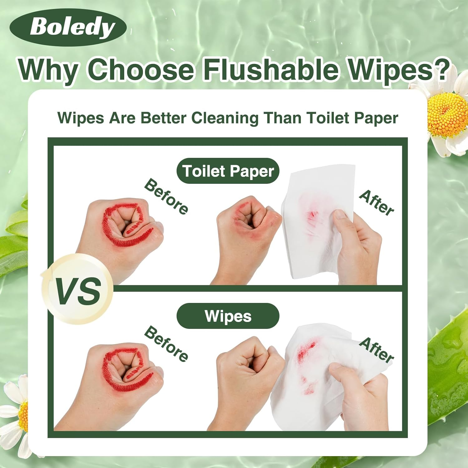 480 Count Flushable Wipes Easy to Flush Wet Wipes for Sensitive Skin 100% Plant-Based Powerful Cleaning Natural Formula Portable Moist Toilet Paper Biodegradable Moist Tissues (Pack of 6)