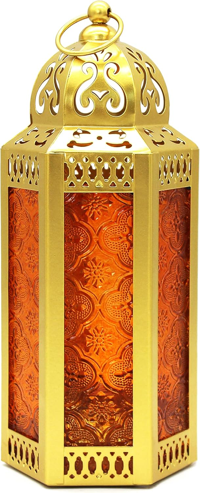 CVHOMEDECO. Decorative Candle Lantern Moroccan Lanterns Vintage Black Metal Lantern Holder for Home Patio Outdoor Decor. Cobalt Glass, Medium
