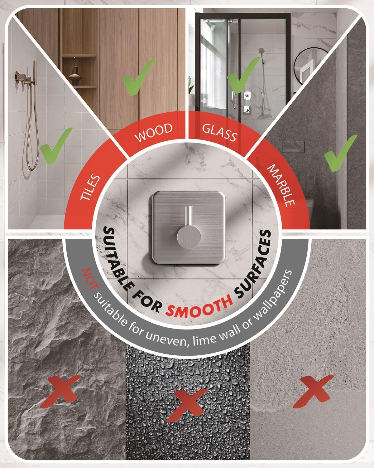 Auxmir Adhesive Wall Hooks Heavy Duty 30Lb/14Kg(Max) Towel Hooks, 5 Packs Self Adhesive Utility Hooks Stainless Steel for Coat Robe, Waterproof Rustproof Oilproof for Bathroom Shower Kitchen Office image number 3