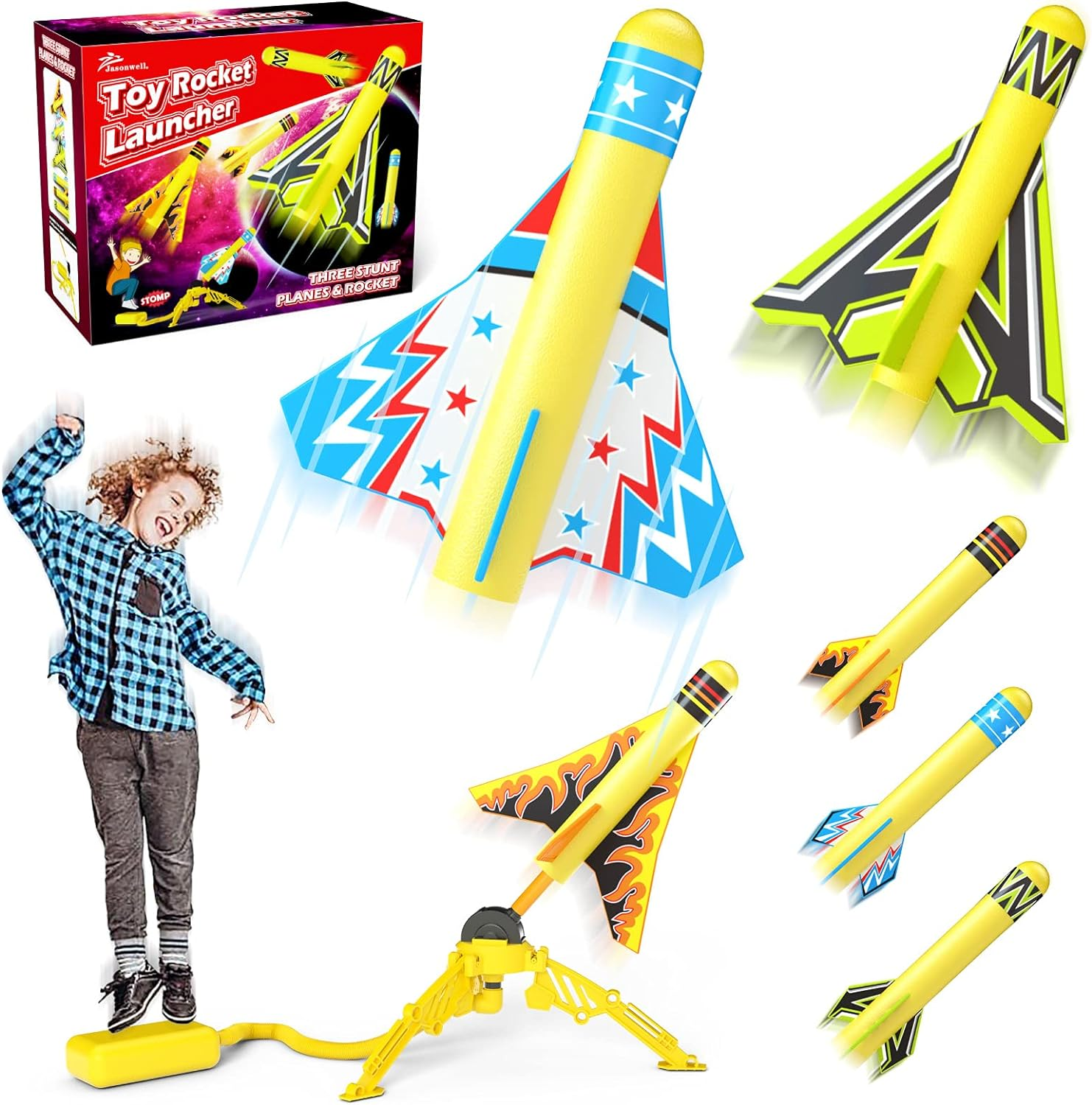 Jasonwell Toy Rocket Launcher for Kids Sturdy Stomp Launch Toys Fun Outdoor Toy for Kids Boys and Girls Age 5 6 7 8 9 10 Years Old with 3 Foam Rockets and 3 Stunt Planes Gift image number 2
