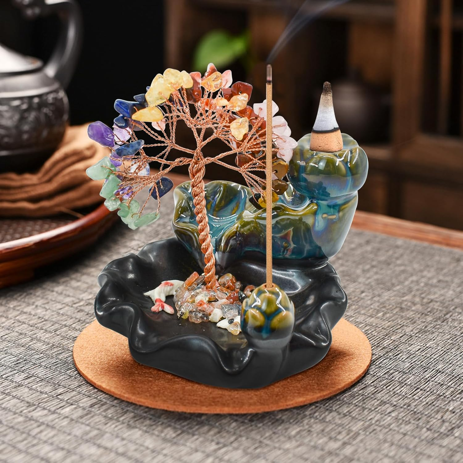 Mrmrkura Backflow Incense Burner, Ceramic Incense Waterfall Burner with 7 Chakras Healing Crystals Tree Fountain Incense Holders for Yoga Meditation Home Decor (Vertical) image number 3