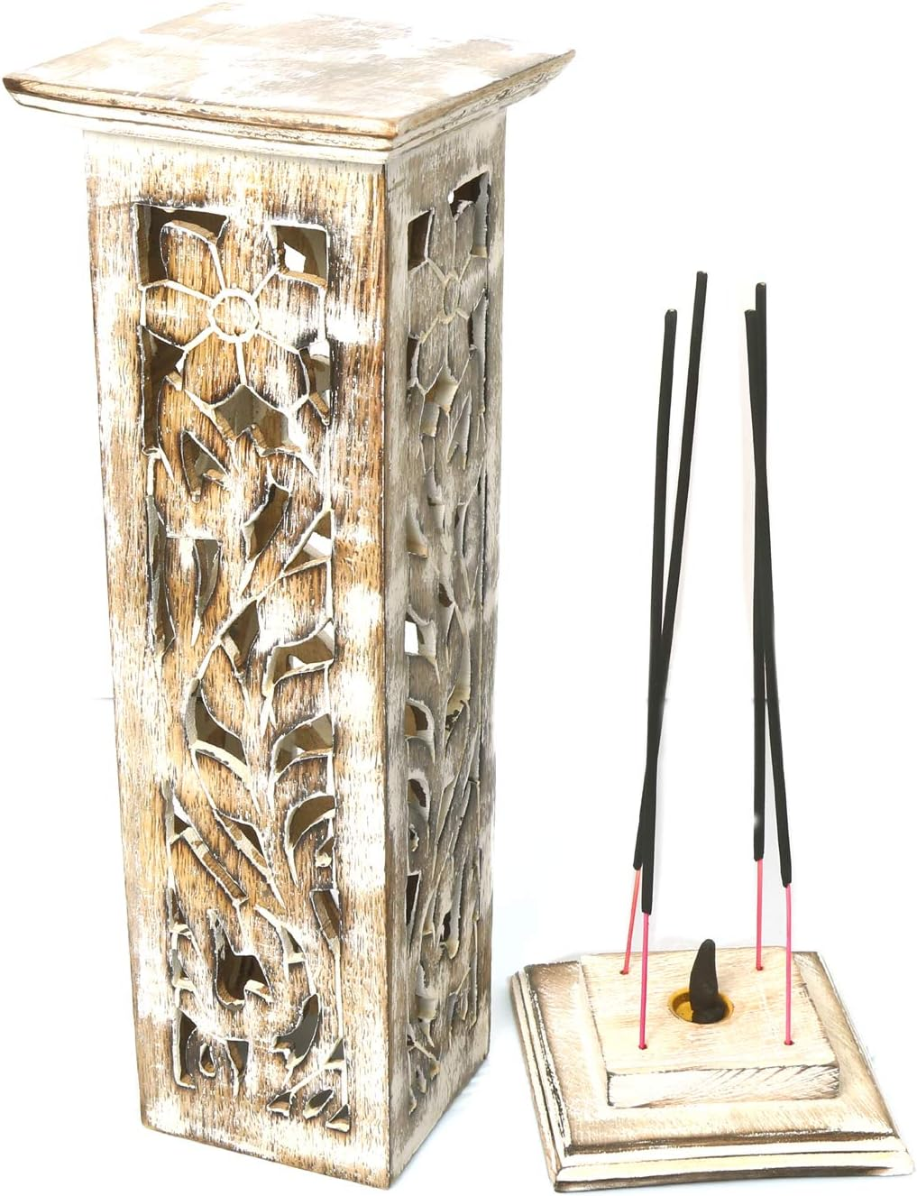WILLART Wooden Incense Burner Stick Dhoop Stand Holder Burner | Four Stick Holder Tray | Hand Carved Flower Design | Ash Catcher |12 Inches | Home Fragrance | Aromatherapy Meditation Pooja Yoga | Home Accessories |Gift