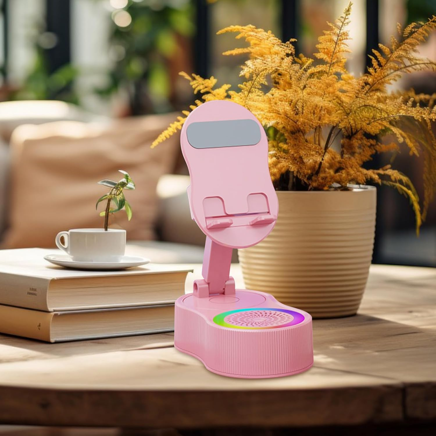 Frfik Cell Phone Stand with Speaker | Wireless Speaker Audio Stand with Light - Sound Dock Tablet Live Streaming Bracket for Home Travel Dormitory Vacation Apartment Hotel - White image number 3