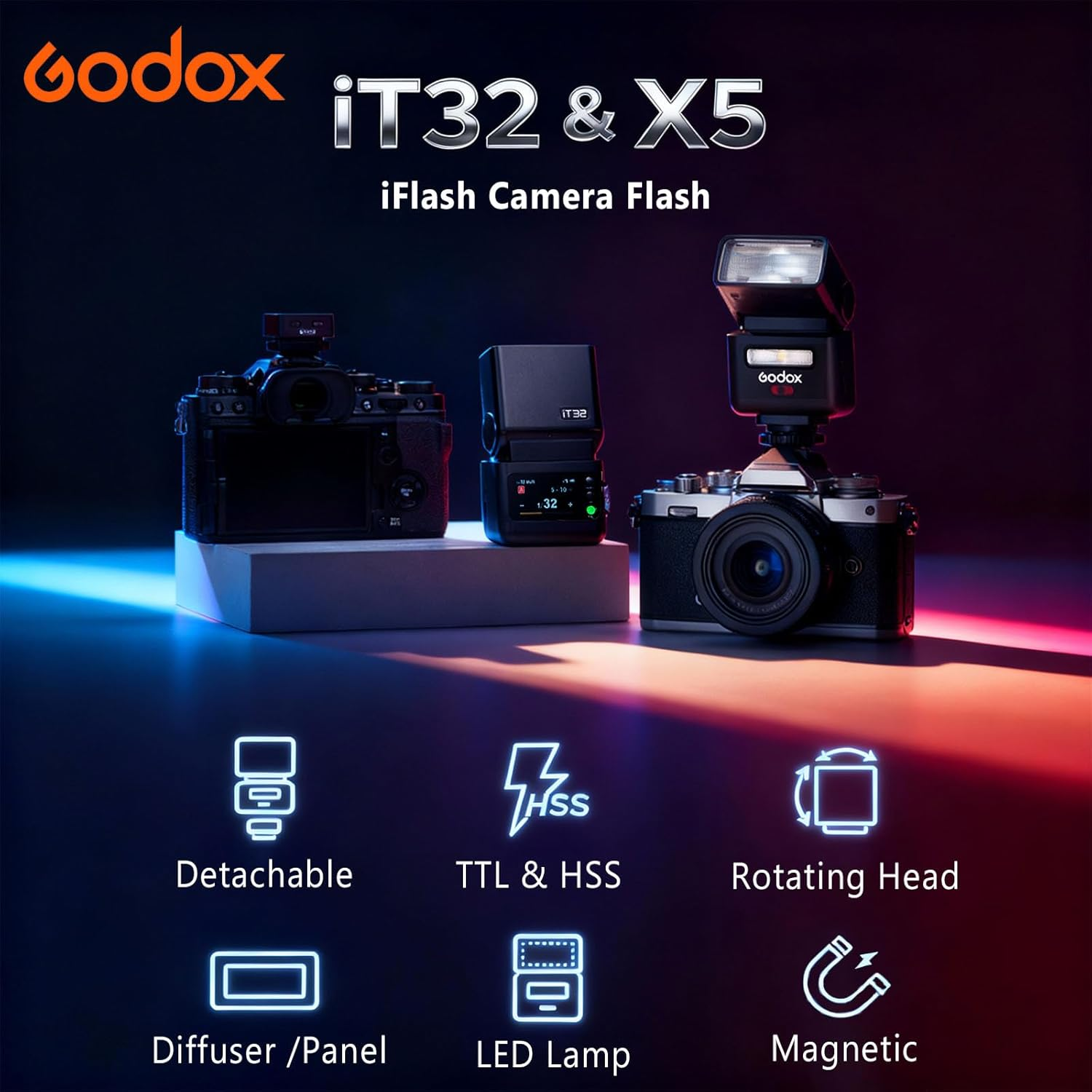 Godox IT32 TTL Mini Flash with X5S Trigger for Sony, Magnetic Modular Design, Full TTL & HSS, 1.5S Recycling, 510 Full-Power Pops, Color Touchscreen, Rechargeable Battery, LED Modeling Light image number 3
