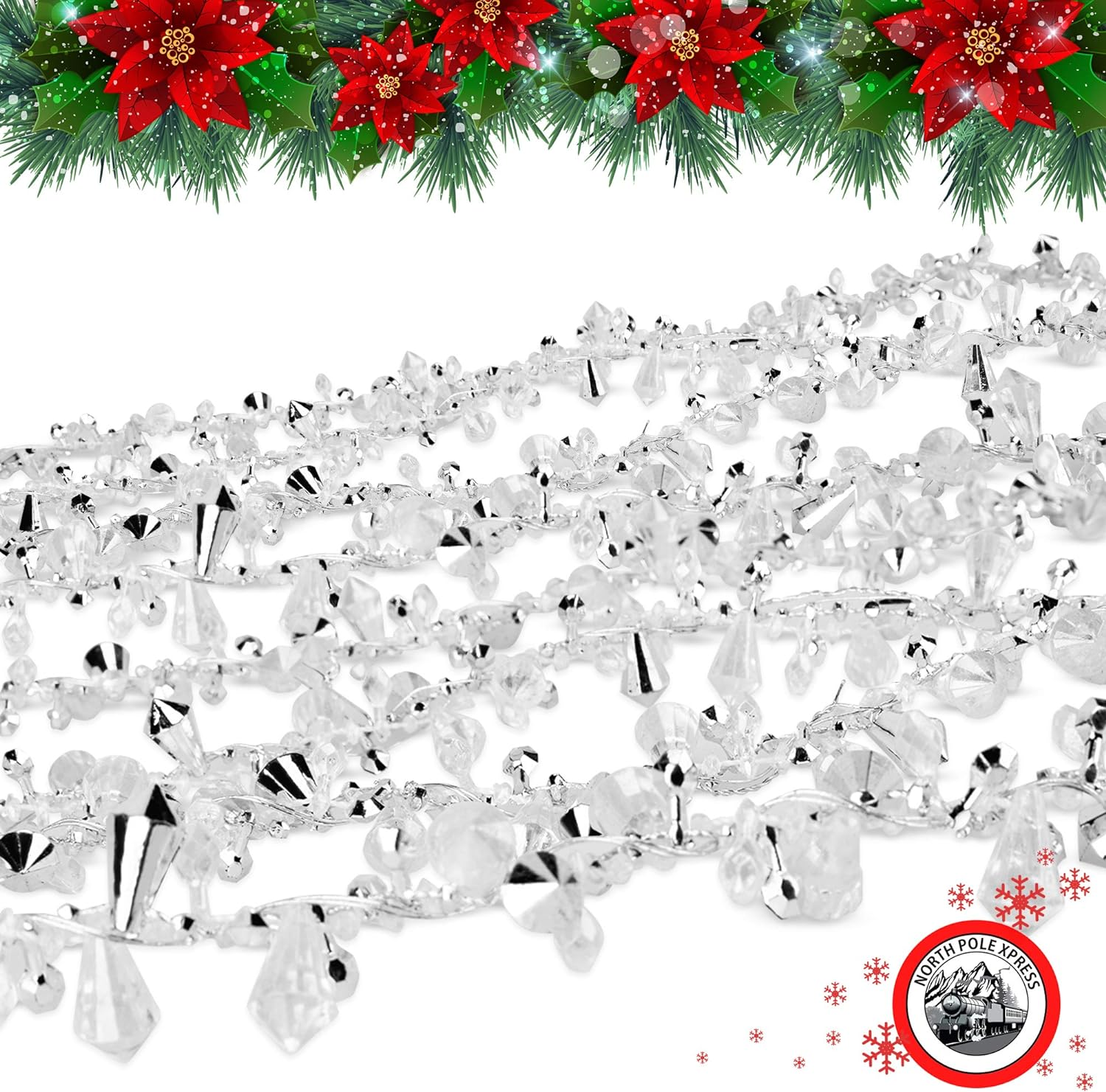 9 Foot Silver & Clear Crystal Acrylic Bead Christmas Garland | Iridescent Christmas Tree Garland Perfect for White Winter Theme Trees | Garland Christmas Decorations for Indoor Use
