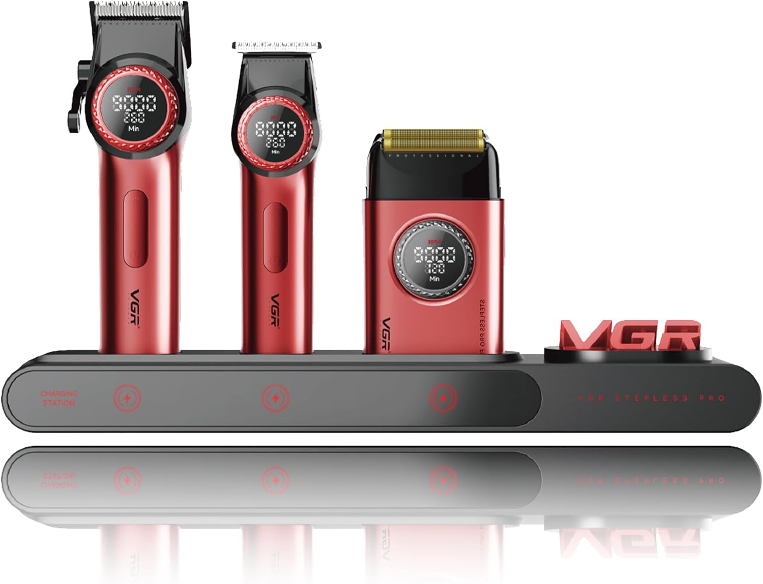 VGR 3-In-1 Professional Hair Trimmer Set with Men'S Hair Trimmer, Trimmer and Razor, Equipped with Improved Motor, Integrated Charging Station, LED Display and Storage Box, Black