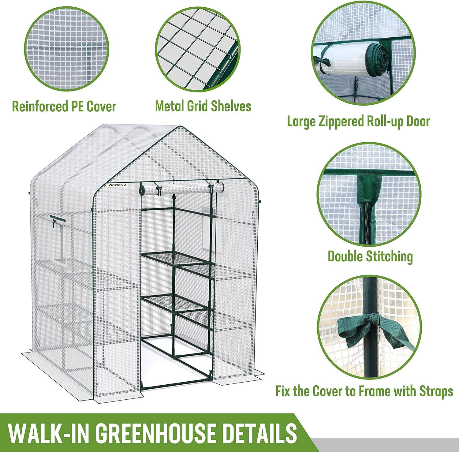WORKPRO Greenhouse, 56&rdquo; X 56&rdquo; X 77&rdquo; Heavy Duty Walk in Greenhouses for Outdoors with Screen Windows, Thicken PE Cover, 3 Tier 8 Shelves Portable Green House Kit for Patio, Backyard and Porch