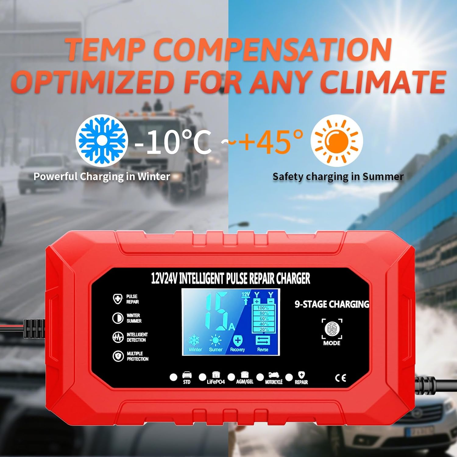 7JI 15-Amp Car Battery Charger Trickle Charger Car AU Plug, 12V/24V Smart Fully-Automatic Battery Maintainer for Car Truck Motorcycle Lawn Mower Boat Marine with Temperature Compensation LCD Display image number 4