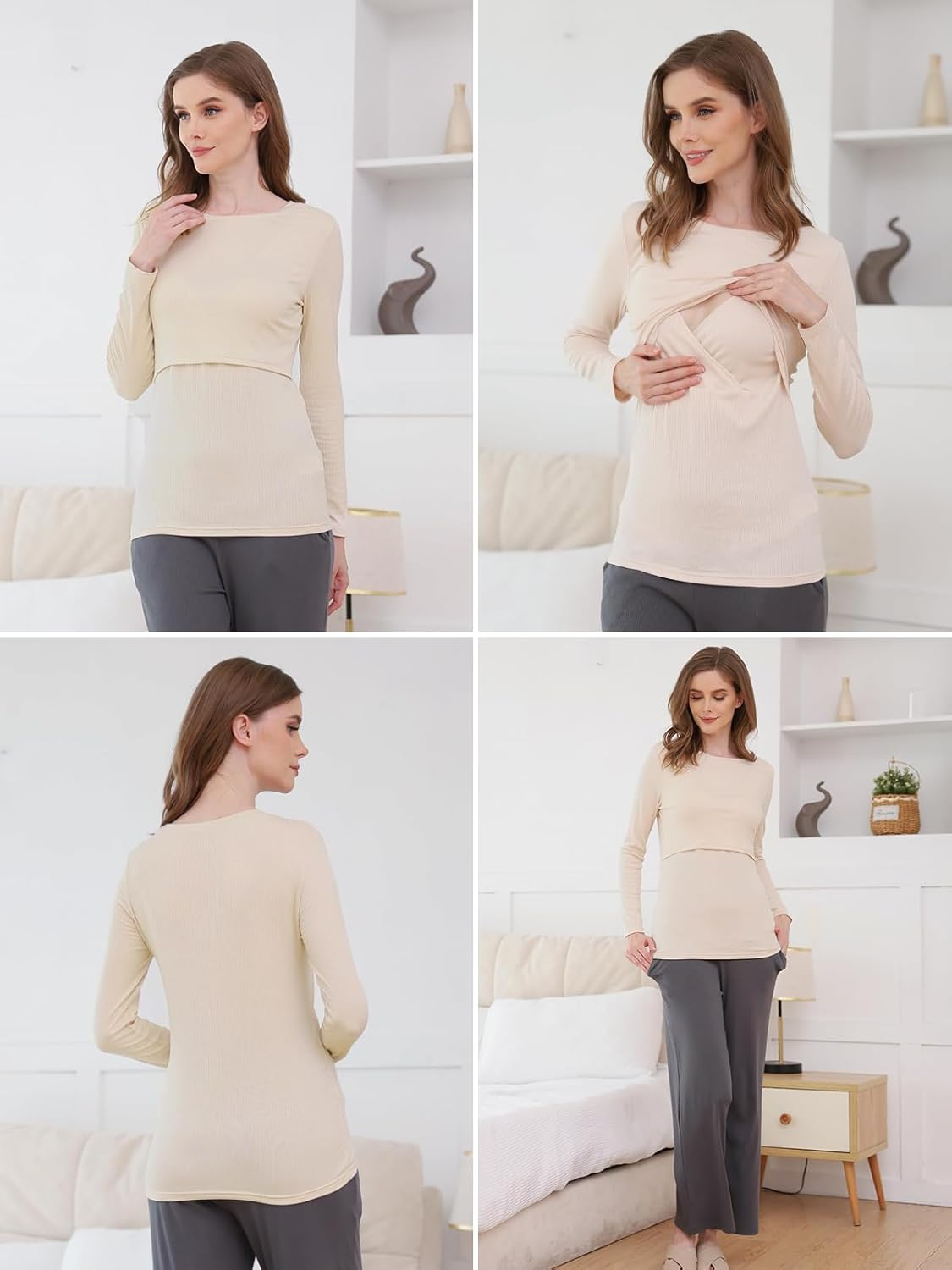 Liu & Qu Women'S Nursing Tops Ribbed Long Sleeves Maternity Shirts Double Layer Breastfeeding Shirts Pregnancy Clothes 3 Pack