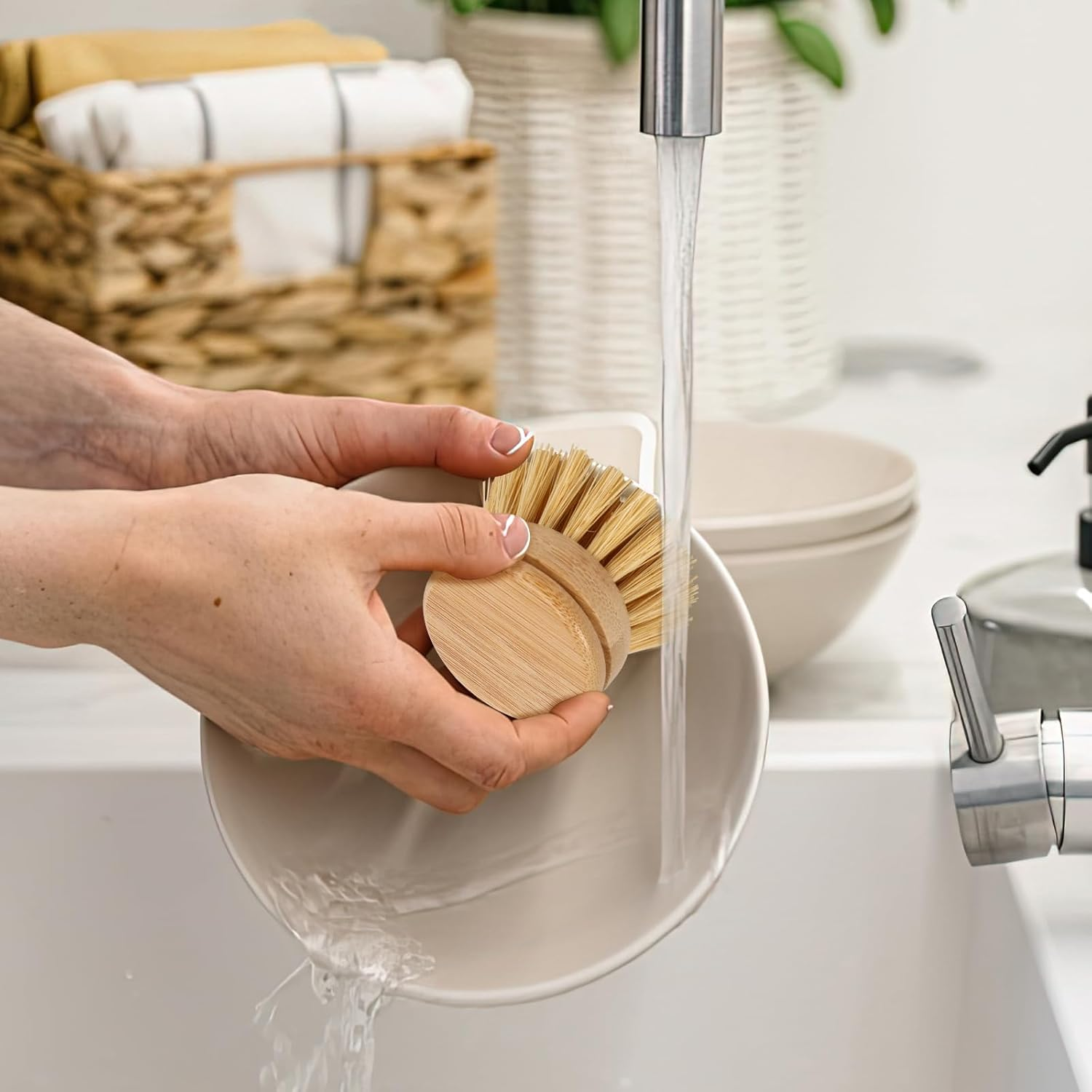 Bamboo Dish Brush,6 Replacement Heads,Natural Washing up Brushes Heads,Soft Sisal Bristle Dish Scrubber, Dish Scrub Brush Replacement Brush Refill,Palm Brush for Kitchen Cleaning Pots Pans image number 2