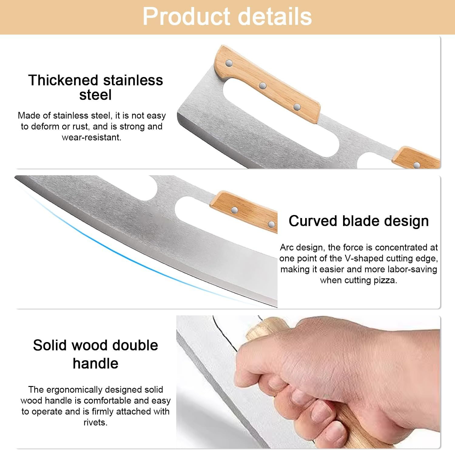Pizza Cutter, Sharp Rocker Blade with Cover, Large Blade Solid Wood Double Grip Pizza Slicer, Long Stainless Steel Half round Bread Swing Knife, Big Pizza Knife Cutters for Kitchen Tool image number 3