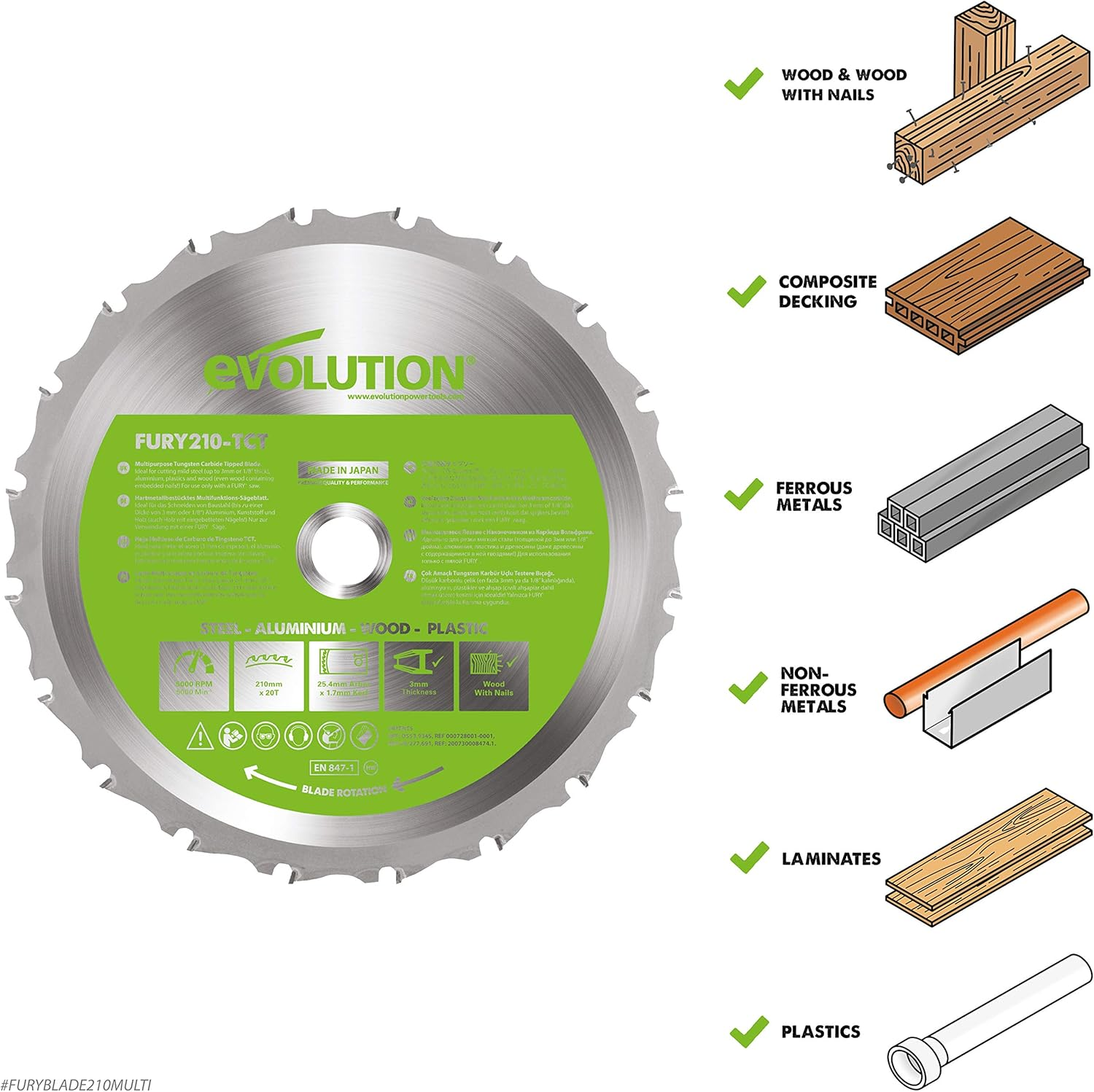 Evolution Power Tools FURY210-TCT Multi-Material Blade for Mitre Saws, Cuts Metal, Plastics, Laminates, Wood (Even with Embedded Nails), Carbide Tipped, 210 Mm