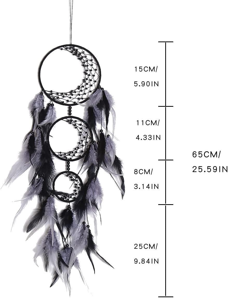 Zingtsing 3 Rings Moon Dream Catcher Hanging Decor Dreamcatcher Wall Hanging Feather Ornaments for Living Room Decor (Black/Grey) image number 1