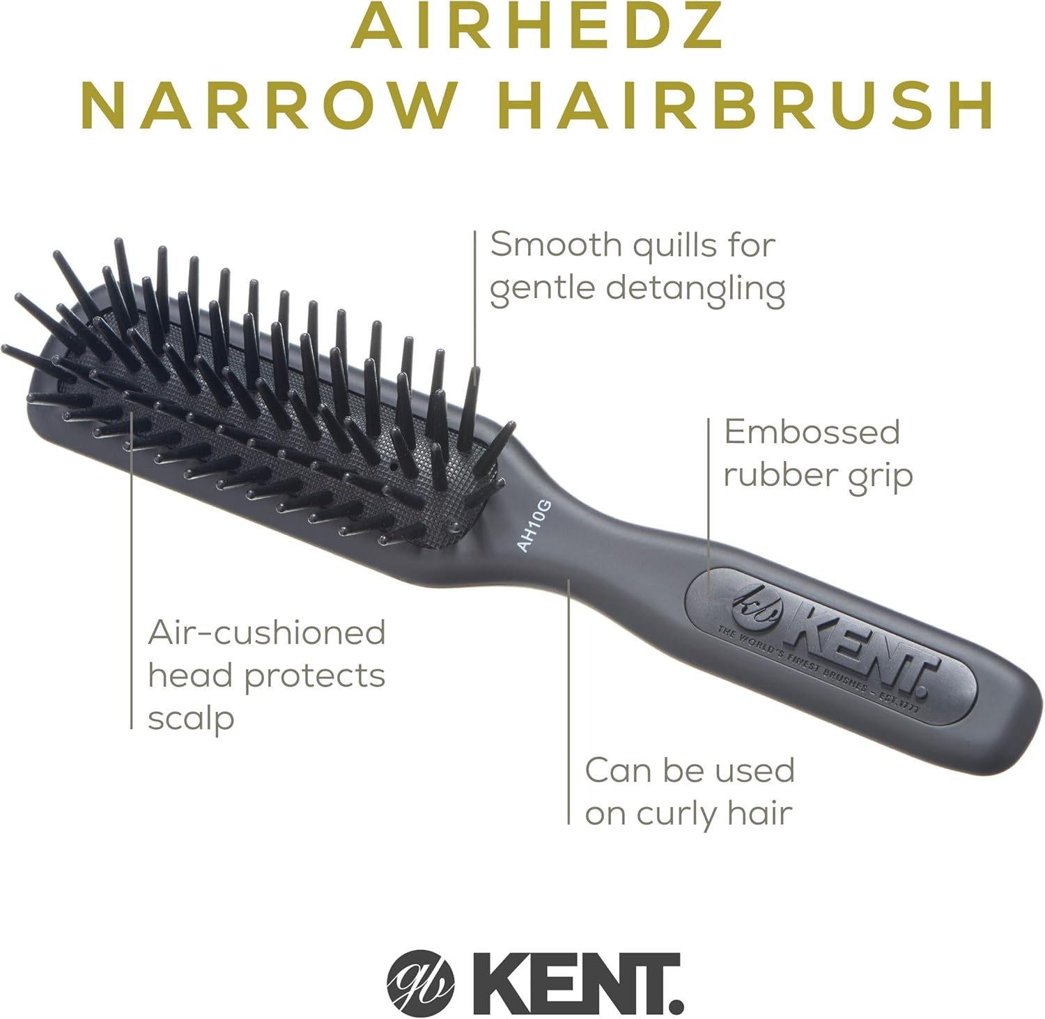 Kent AH10G Airhedz Pro Narrow Pin Hair Brush Narrow Cushion Paddle Brush - Taming Fat Pins, Detangling Long Thick and Curly Hair, Scalp Massager and Growth Stimulator for All Hair Types(Fat Pin, Grey)